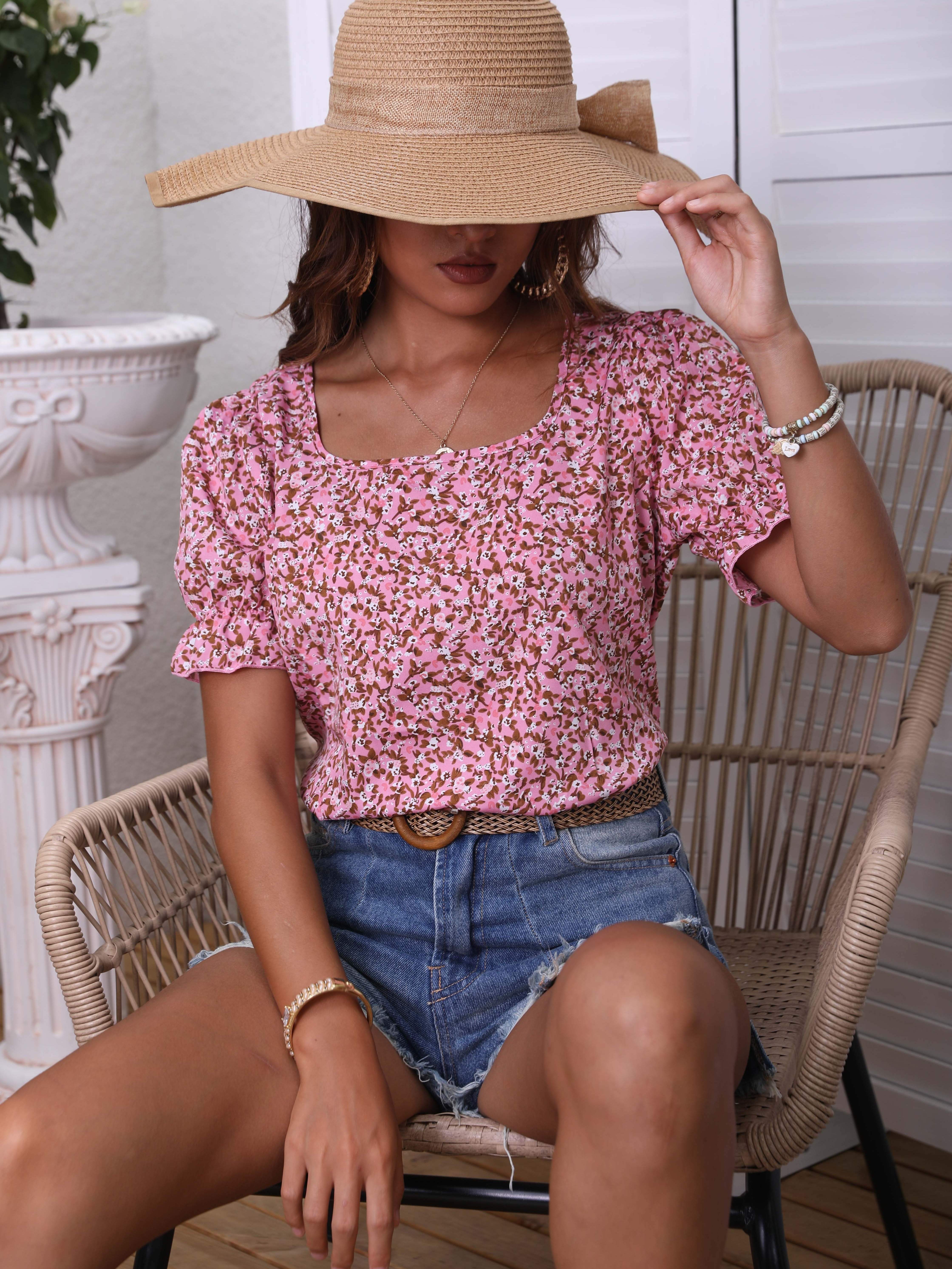 floral print puff sleeve blouse casual squared neck summer blouse womens clothing details 7