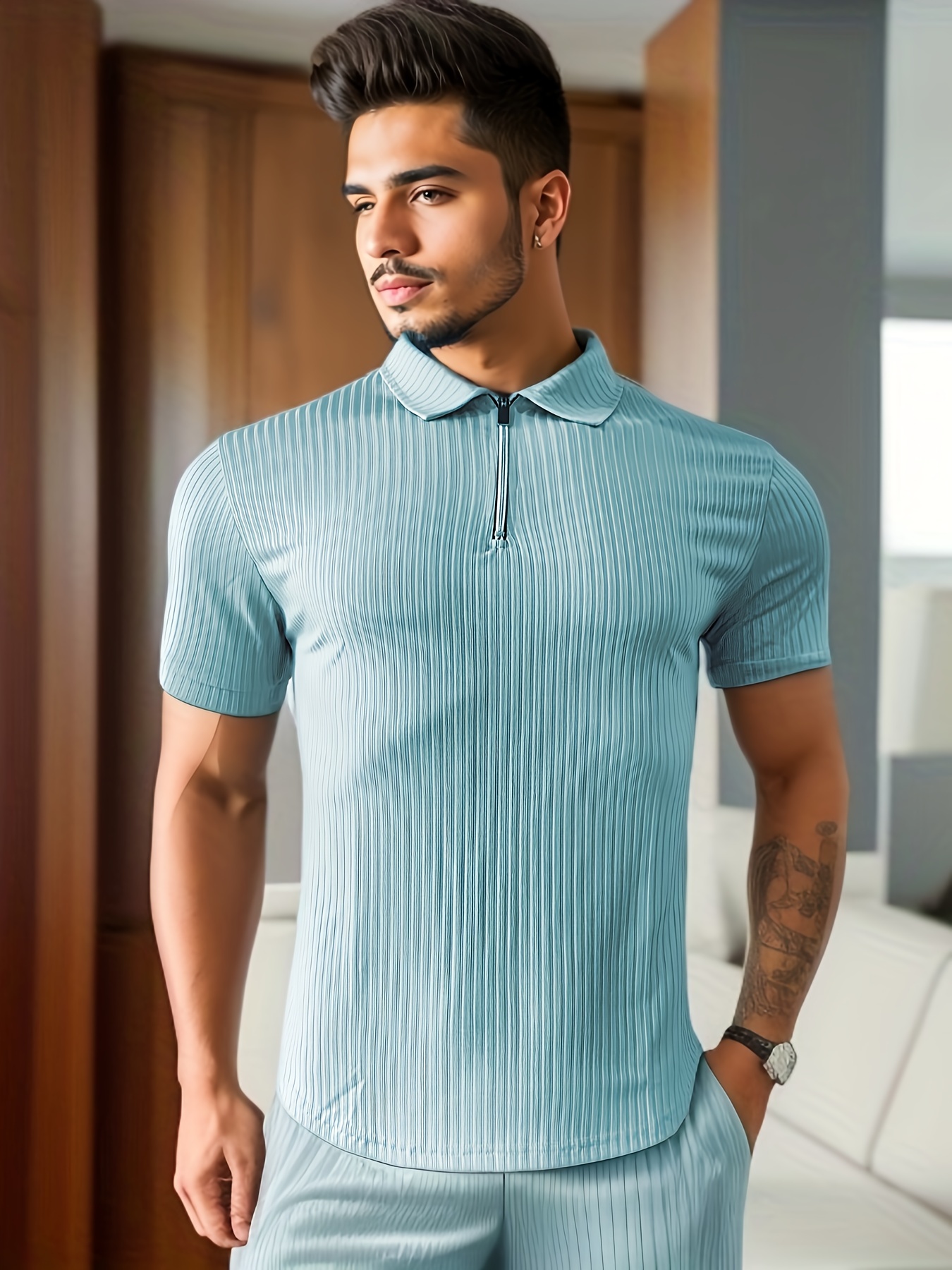 breathable regular fit ribbed golf shirt mens casual v neck t shirt short sleeve for summer mens clothing details 0