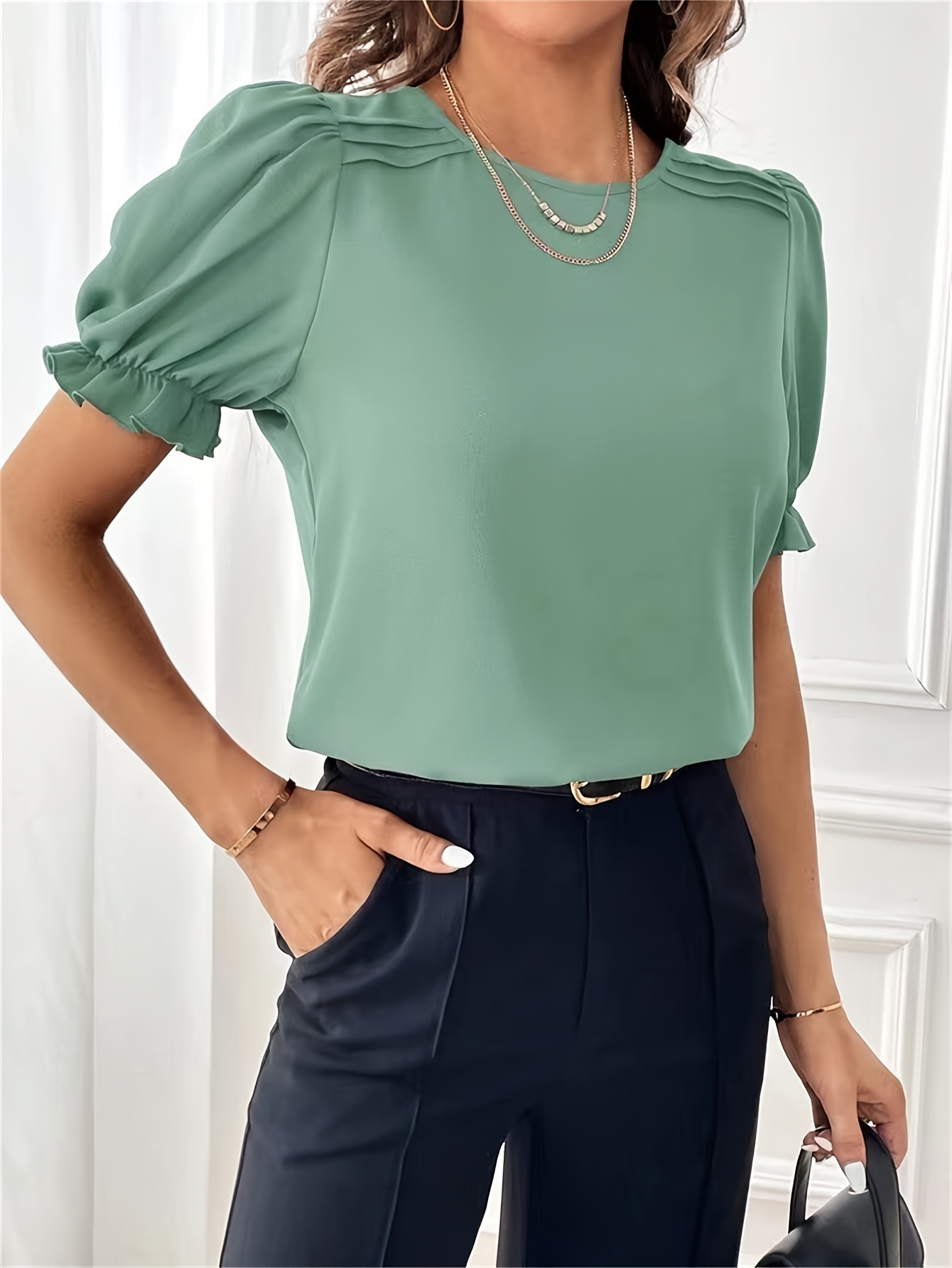 solid crew neck blouse elegant puf sleeve top for spring summer womens clothing details 17