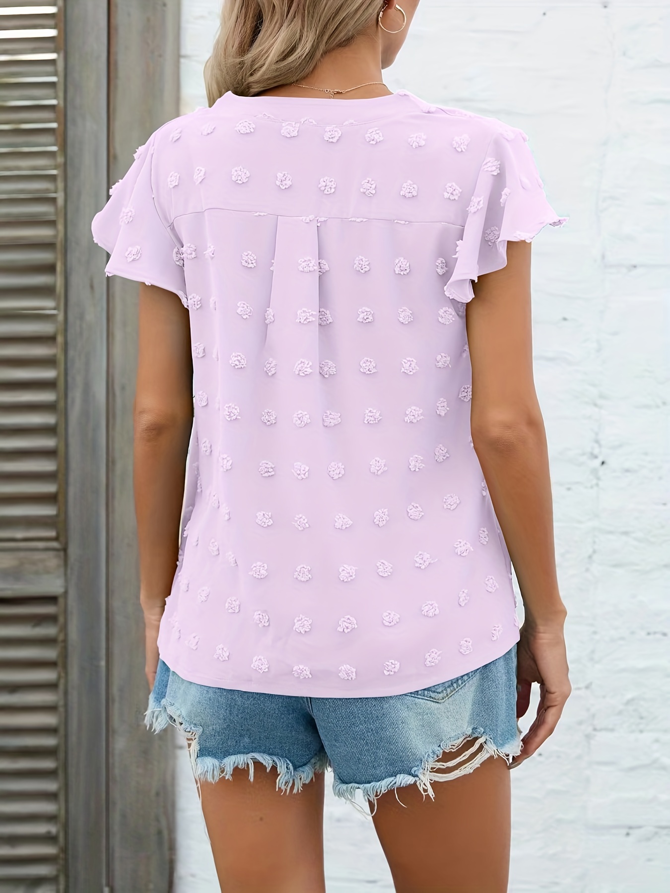 swiss dot v neck blouse casual ruffle sleeve blouse for spring summer womens clothing details 1