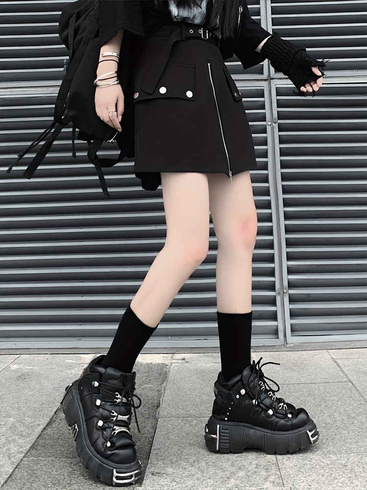 womens solid color trendy boots lace up soft sole platform punk boots versatile round toe cool boots details 5