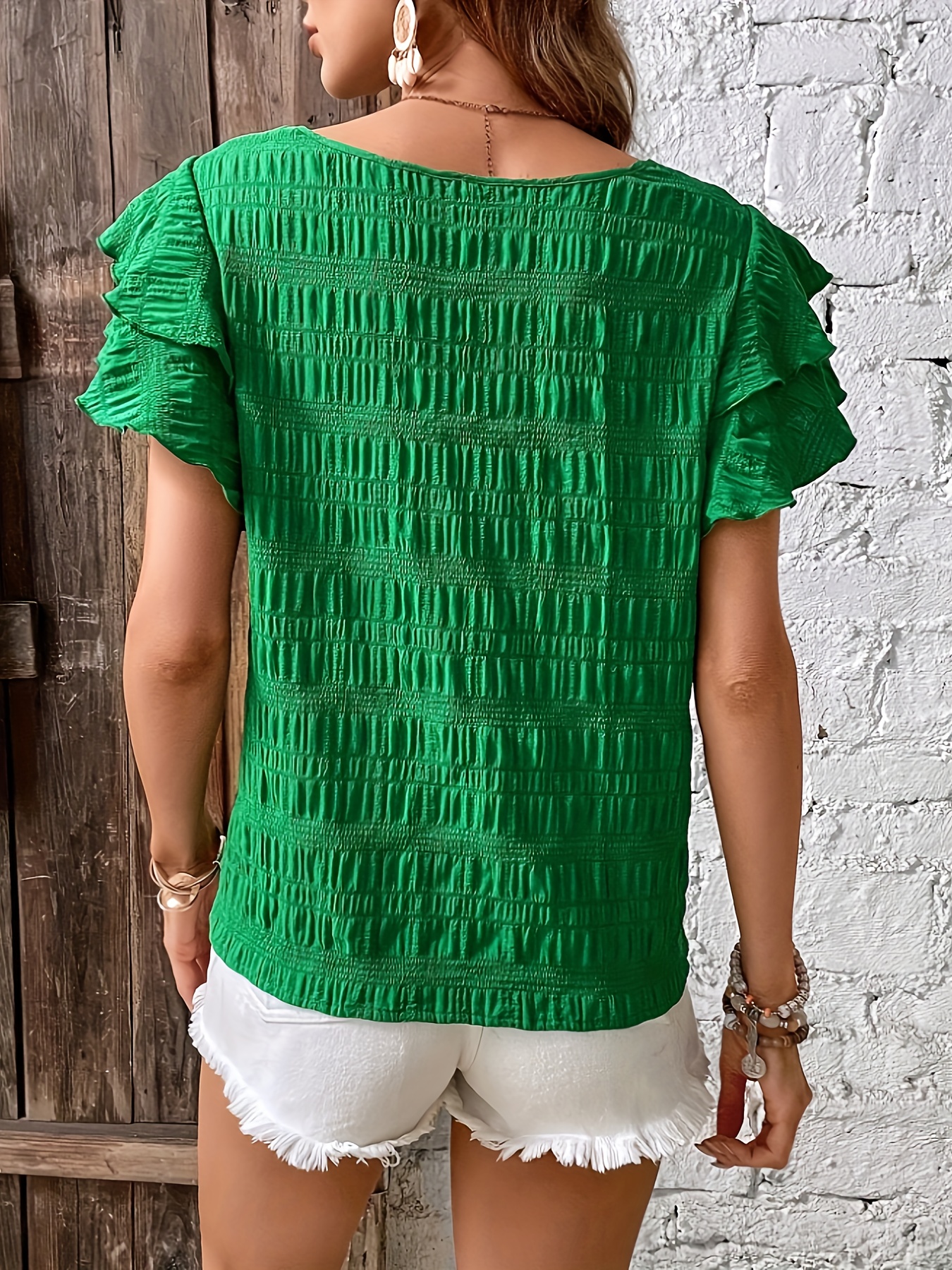 solid textured crew neck blouse elegant layered ruffle trim blouse for spring summer womens clothing details 16