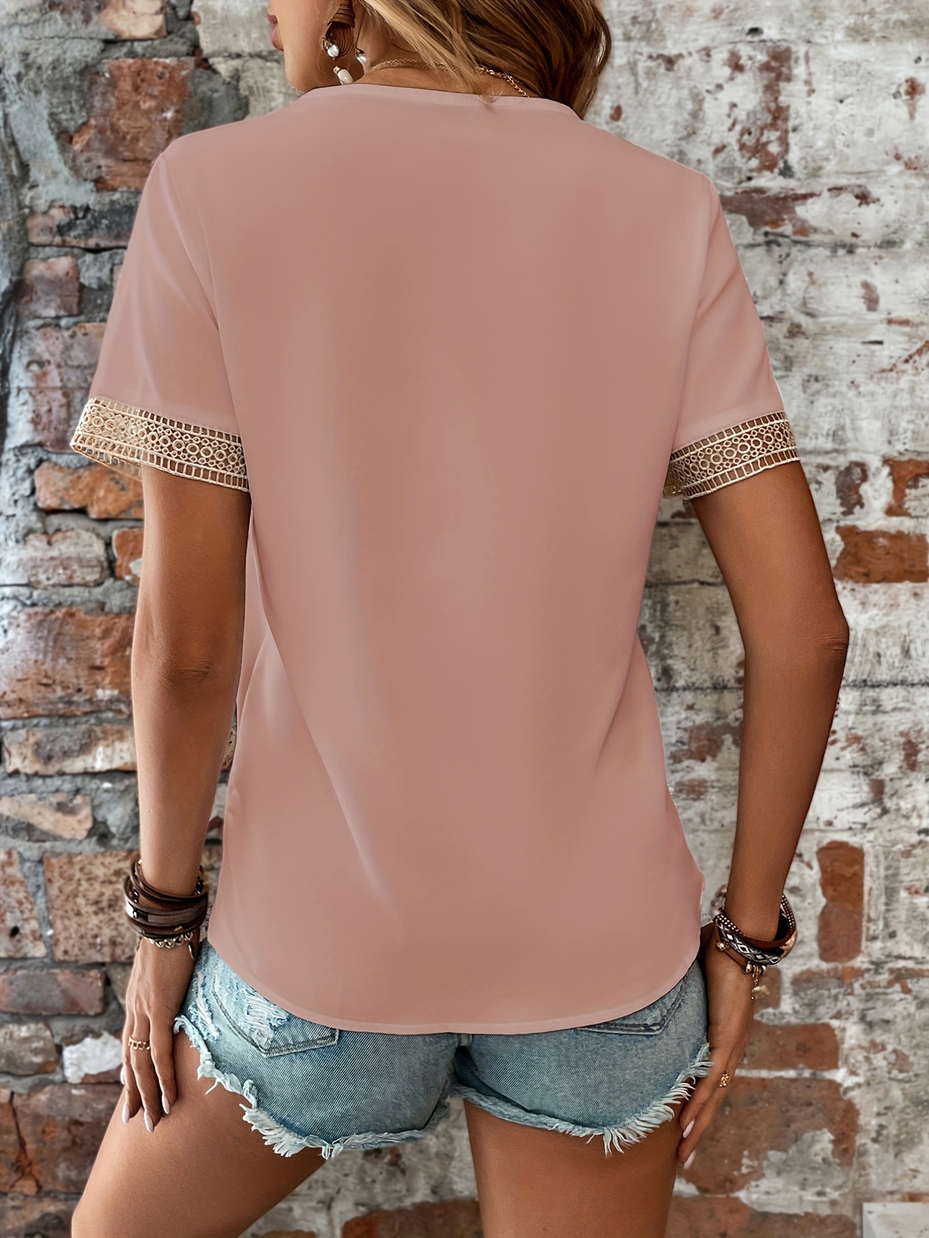 lace stitching deep v neck blouses casual loose short sleeve fashion shirts tops womens clothing details 1