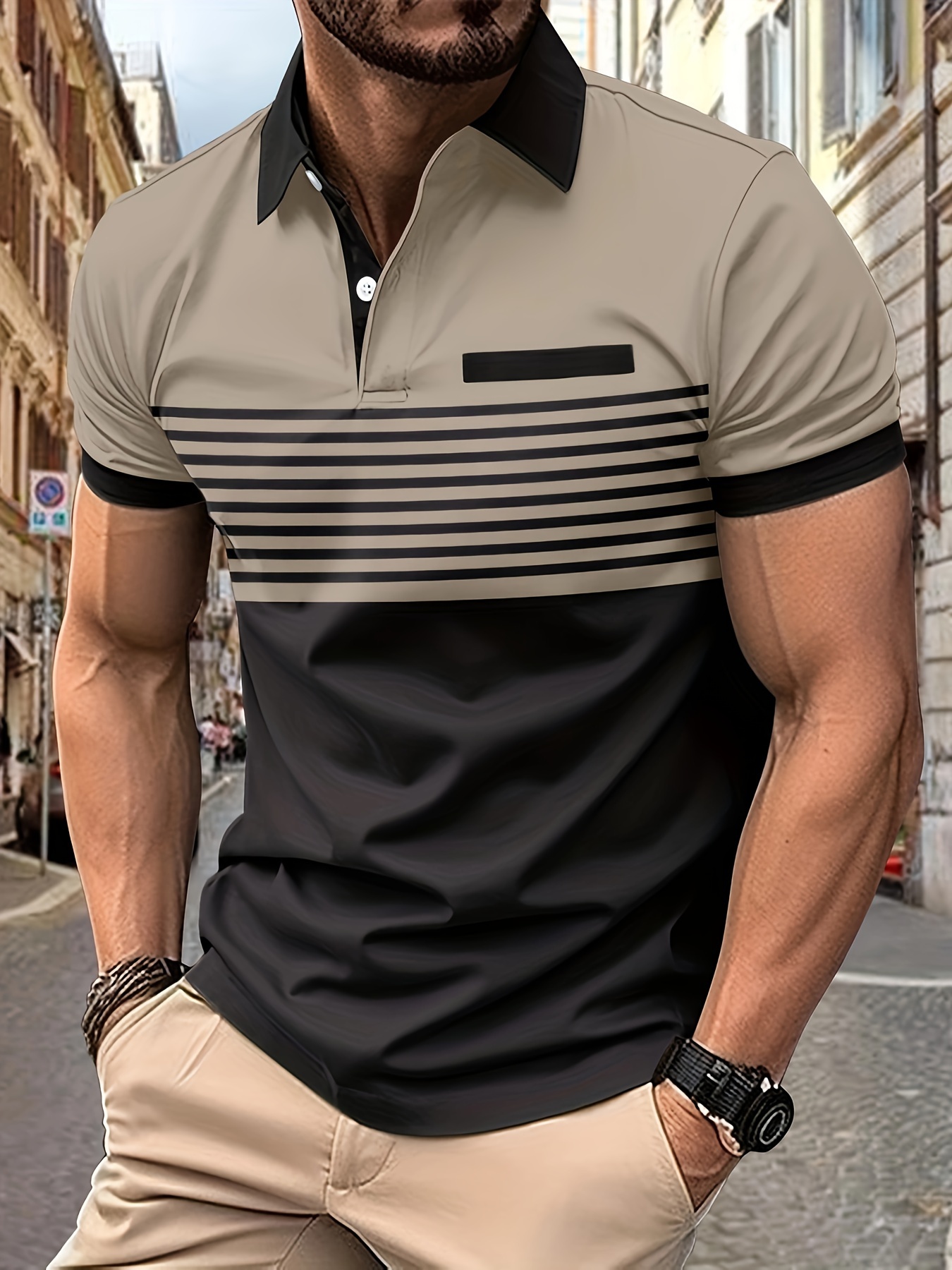 lapel shirt, striped mens casual color block short sleeve lapel shirt with chest pocket for summer golf details 24