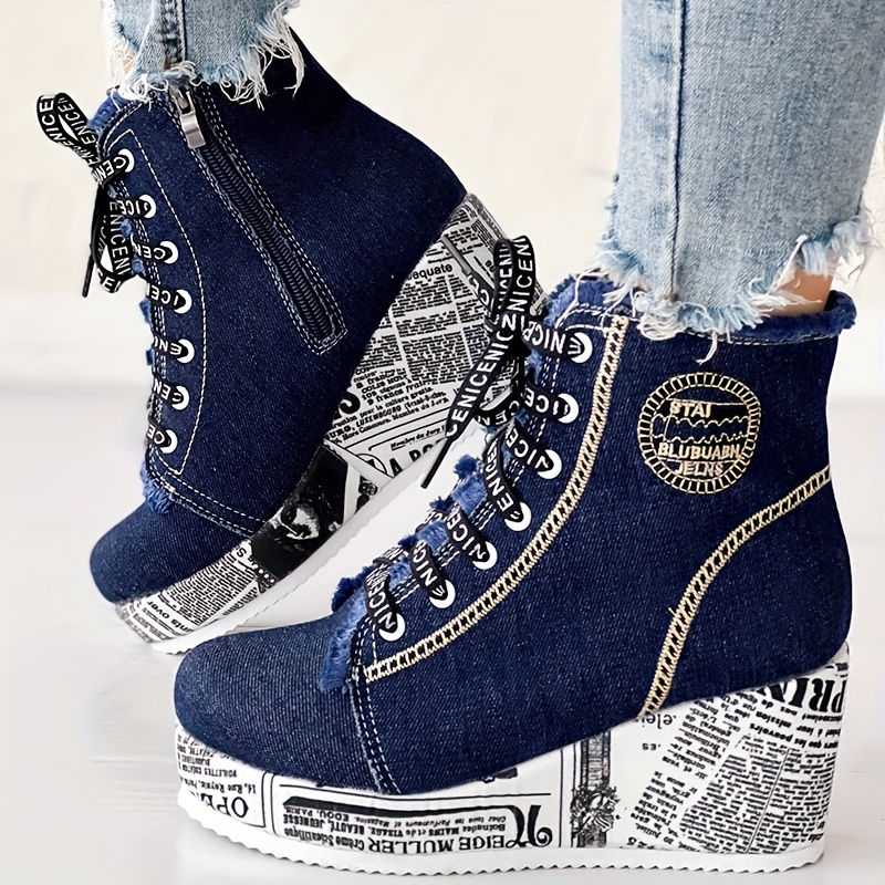 womens solid color denim boots lace up trendy platform comfy shoes versatile round toe wedge shoes details 7