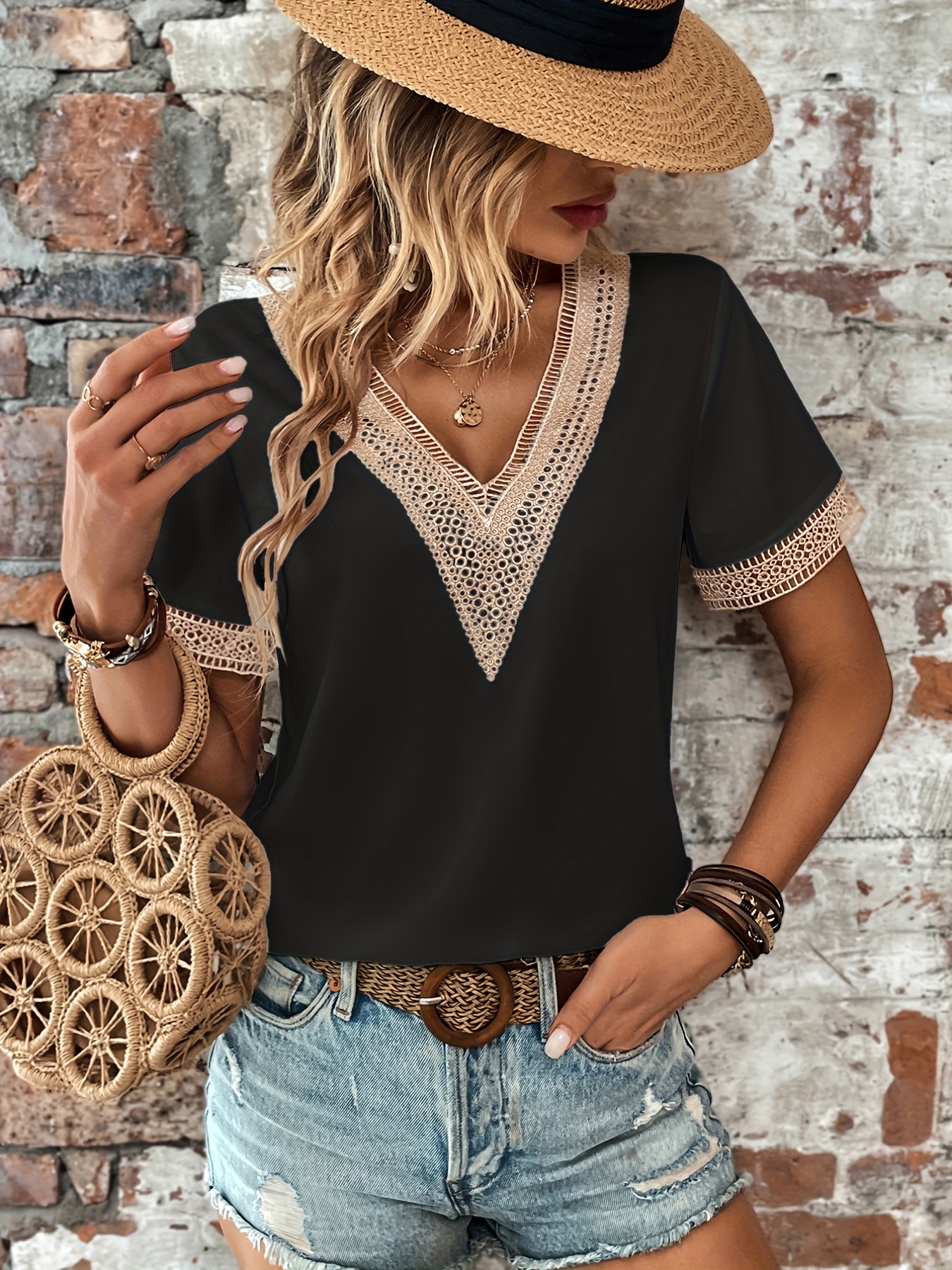 lace stitching deep v neck blouses casual loose short sleeve fashion shirts tops womens clothing details 5