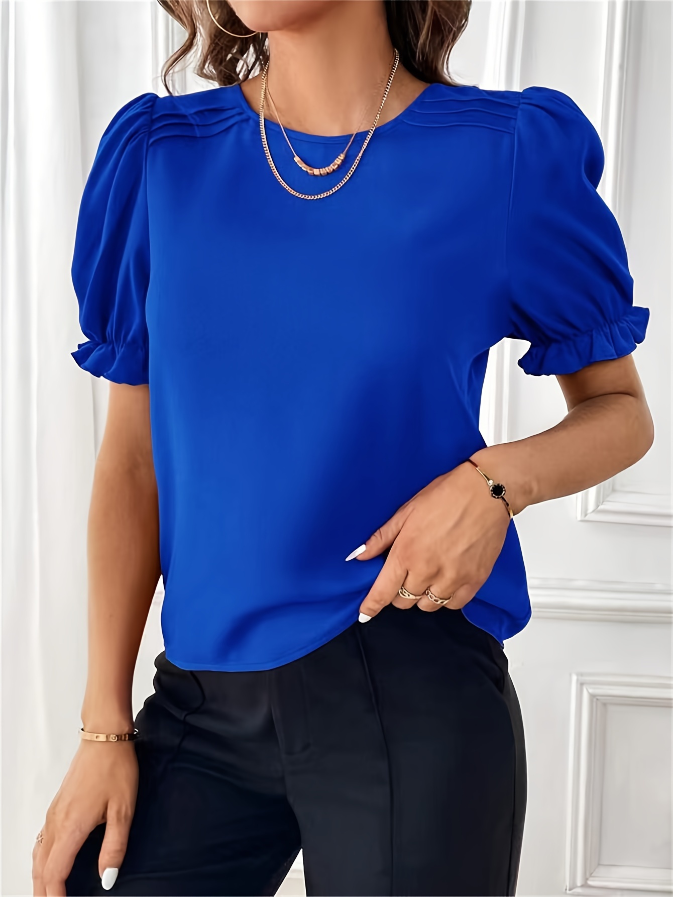 solid crew neck blouse elegant puf sleeve top for spring summer womens clothing details 42