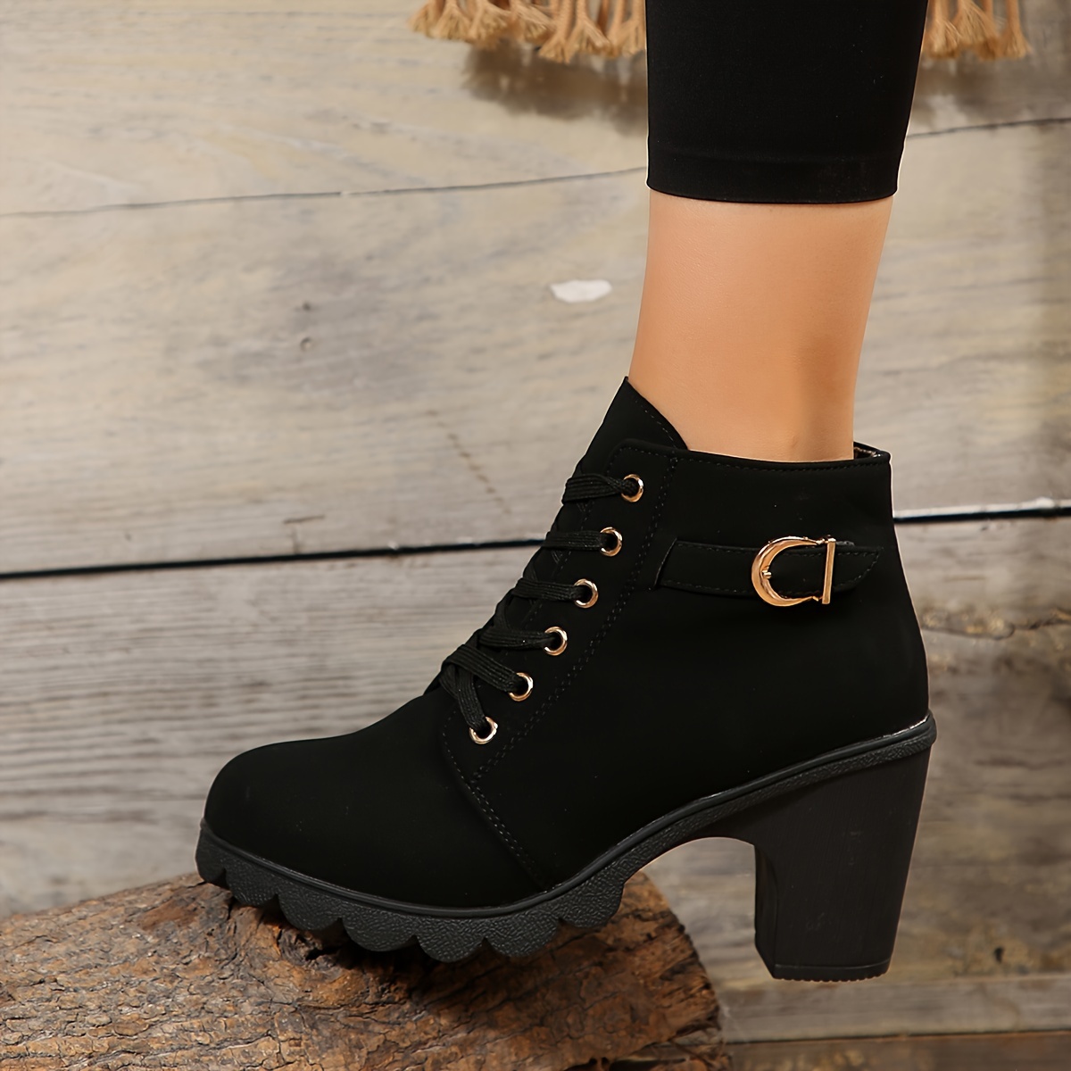 womens chunky heel short boots fashion lace up side zipper boots comfortable ankle boots details 6