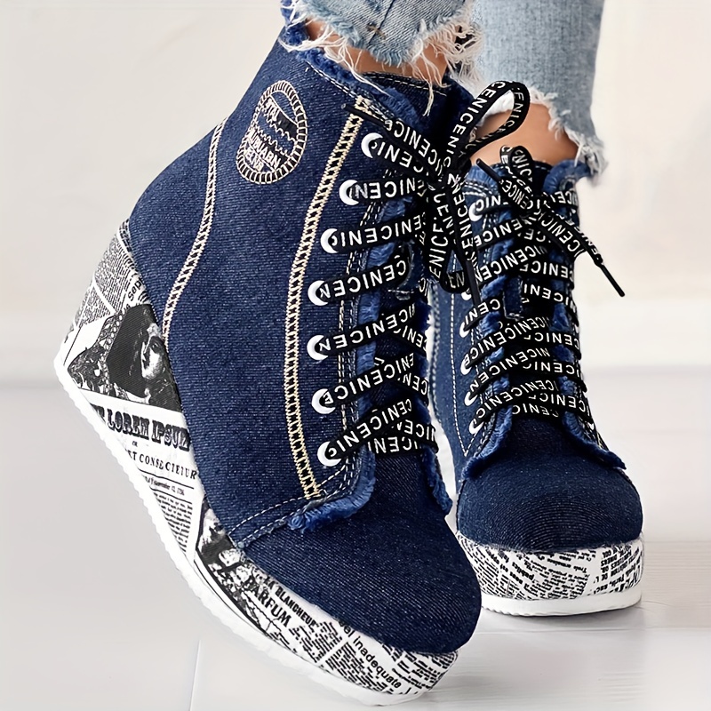 womens solid color denim boots lace up trendy platform comfy shoes versatile round toe wedge shoes details 6