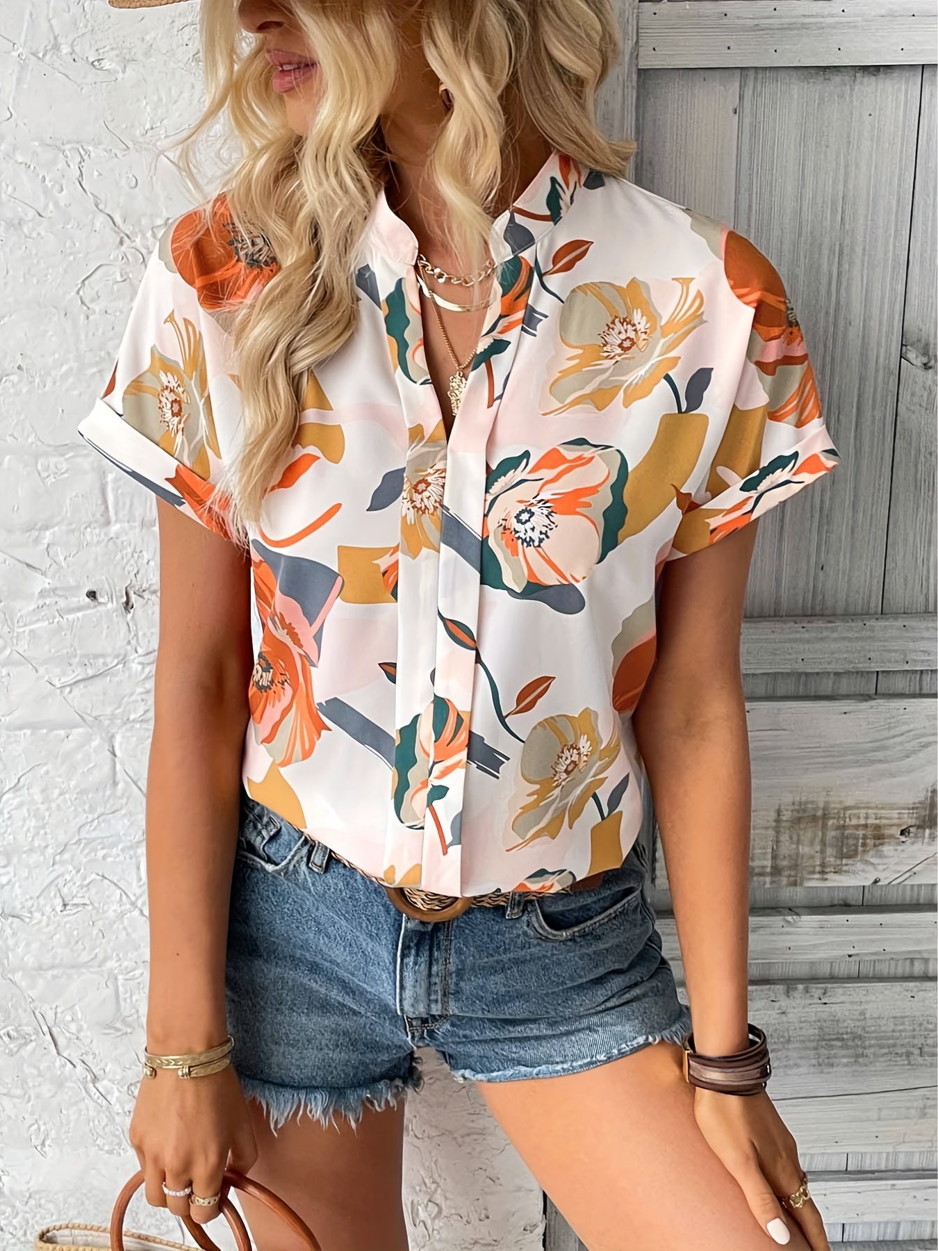 floral print v neck blouse casual batwing sleeve blouse for spring summer womens clothing details 1