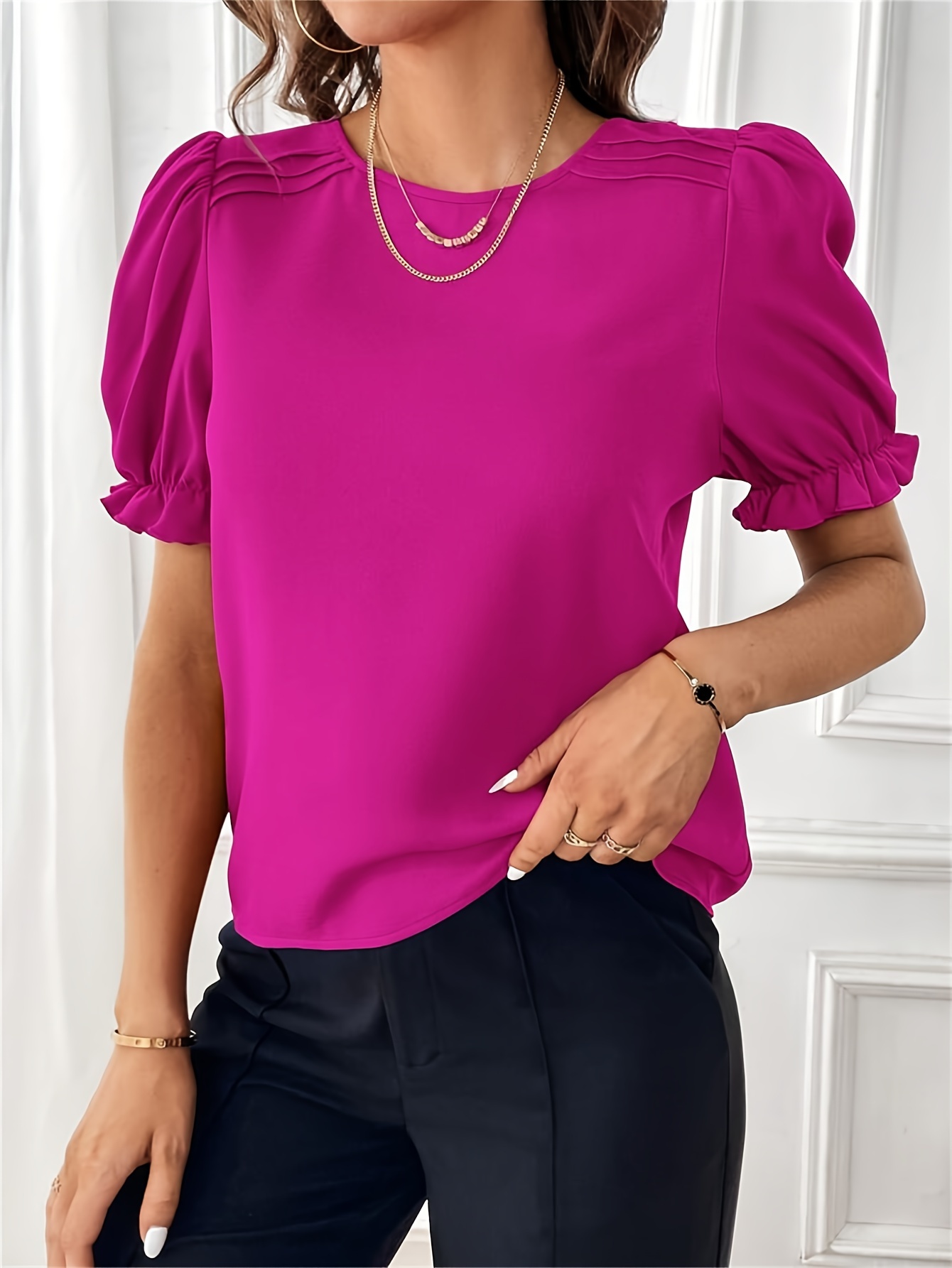 solid crew neck blouse elegant puf sleeve top for spring summer womens clothing details 19