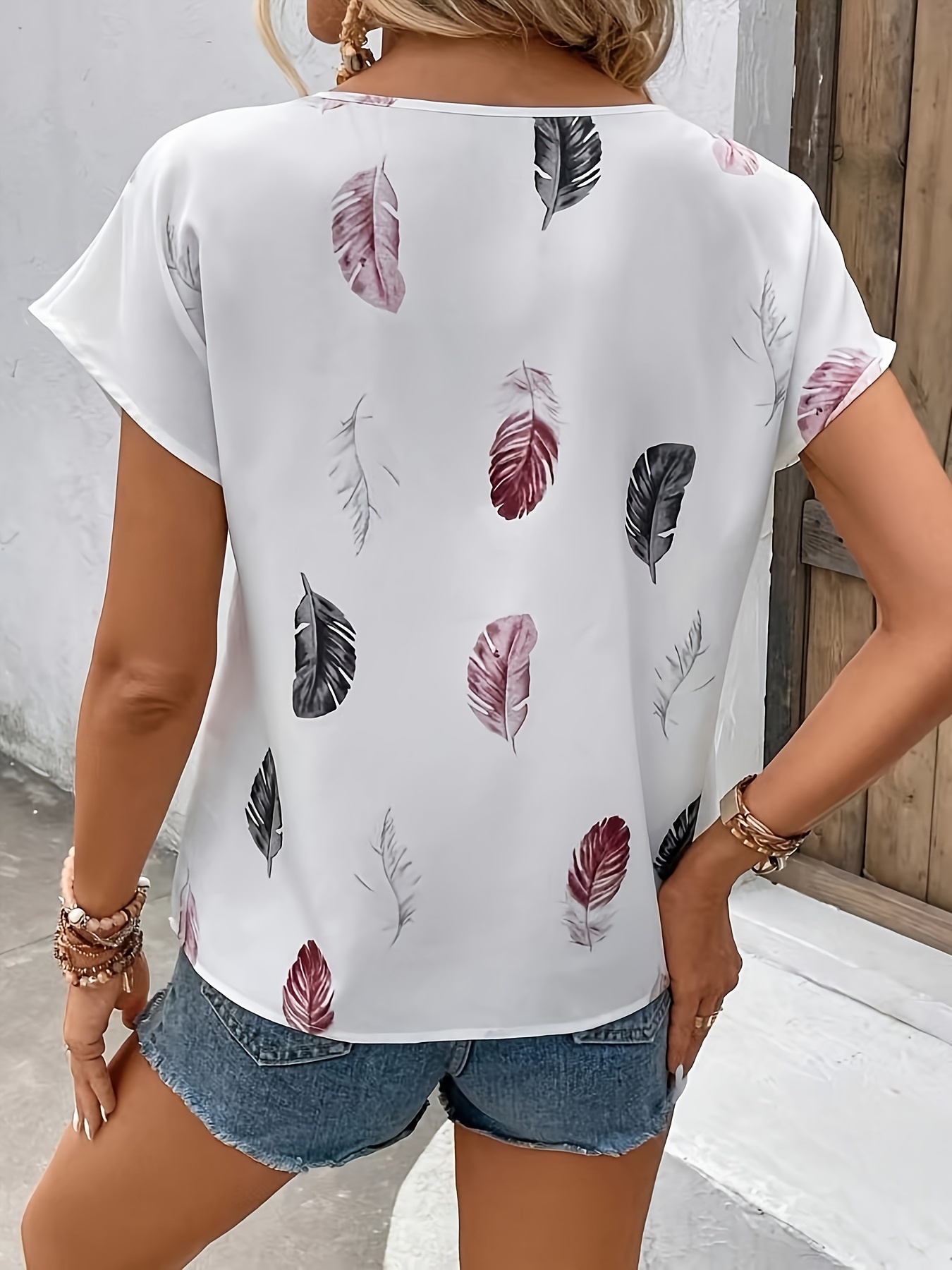 feather print crew neck blouse casual short sleeve blouse for spring summer womens clothing details 7