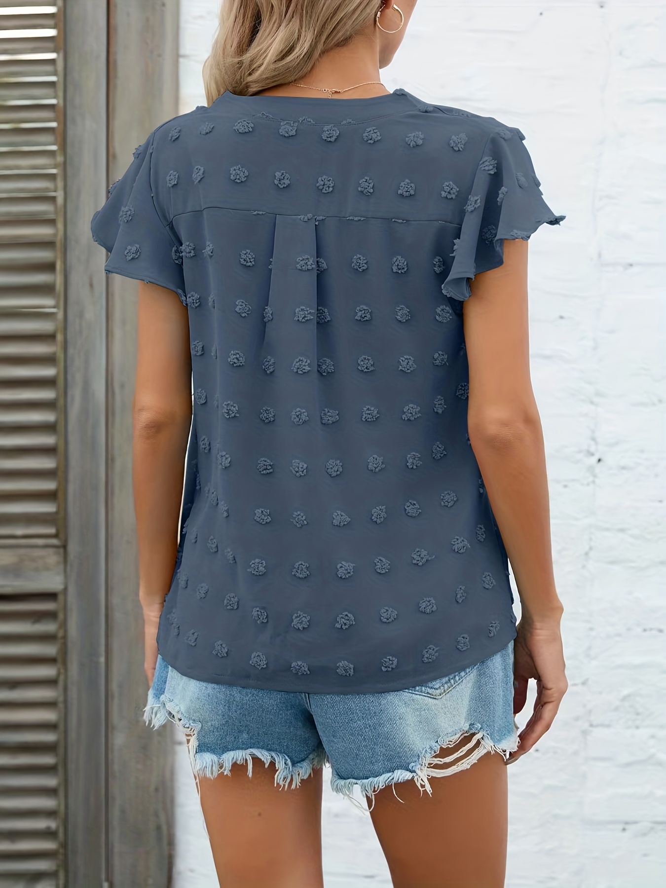 swiss dot v neck blouse casual ruffle sleeve blouse for spring summer womens clothing details 5