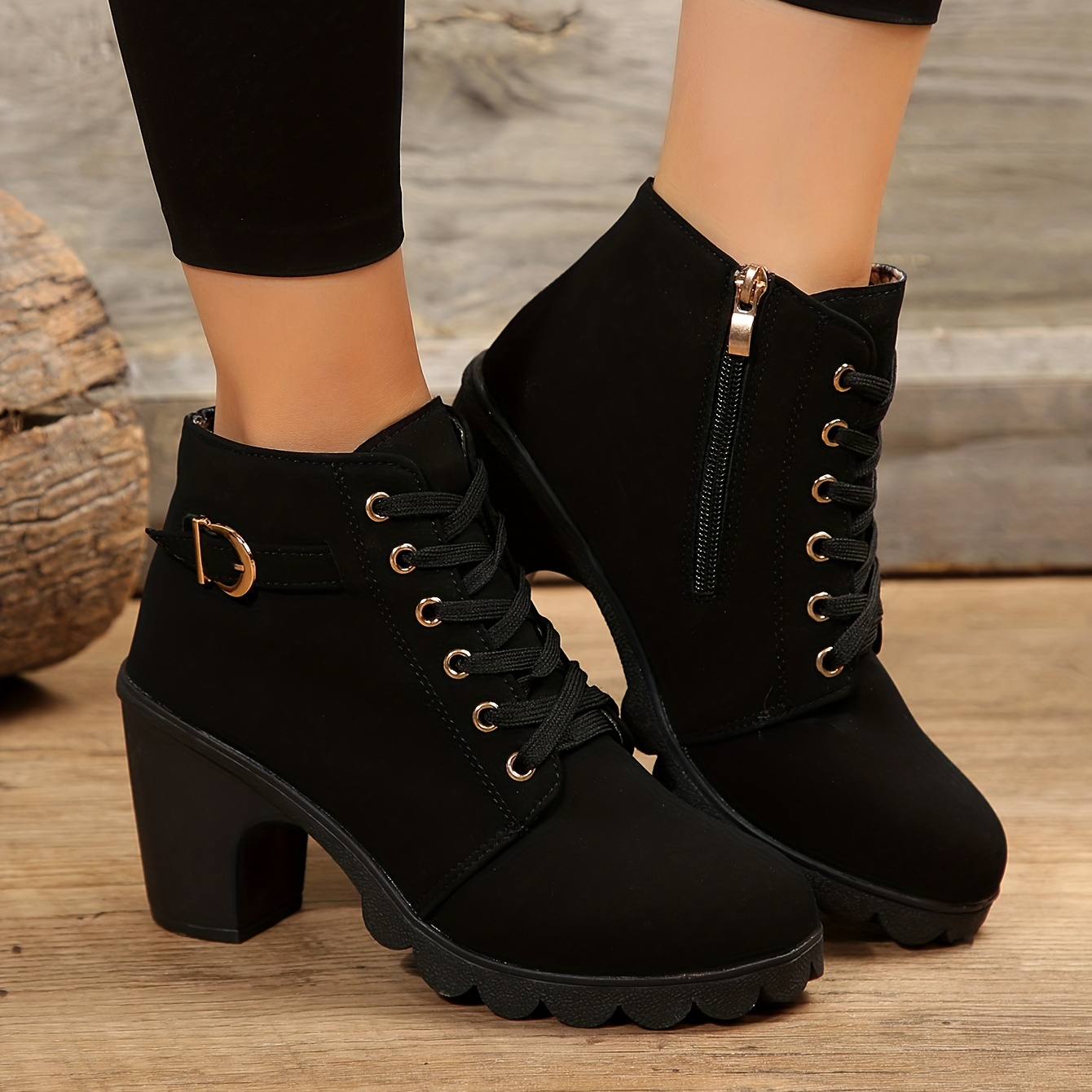 womens solid color block heeled boots elegant lace up short boots stylish side zipper ankle boots details 3