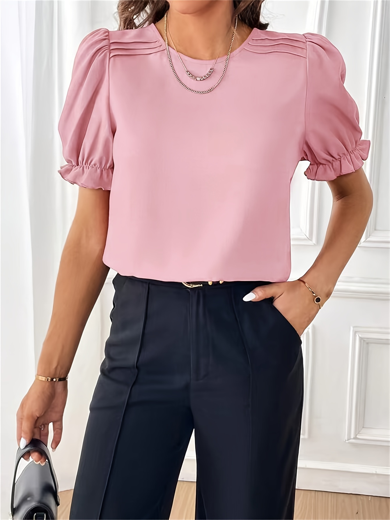 solid crew neck blouse elegant puf sleeve top for spring summer womens clothing details 32