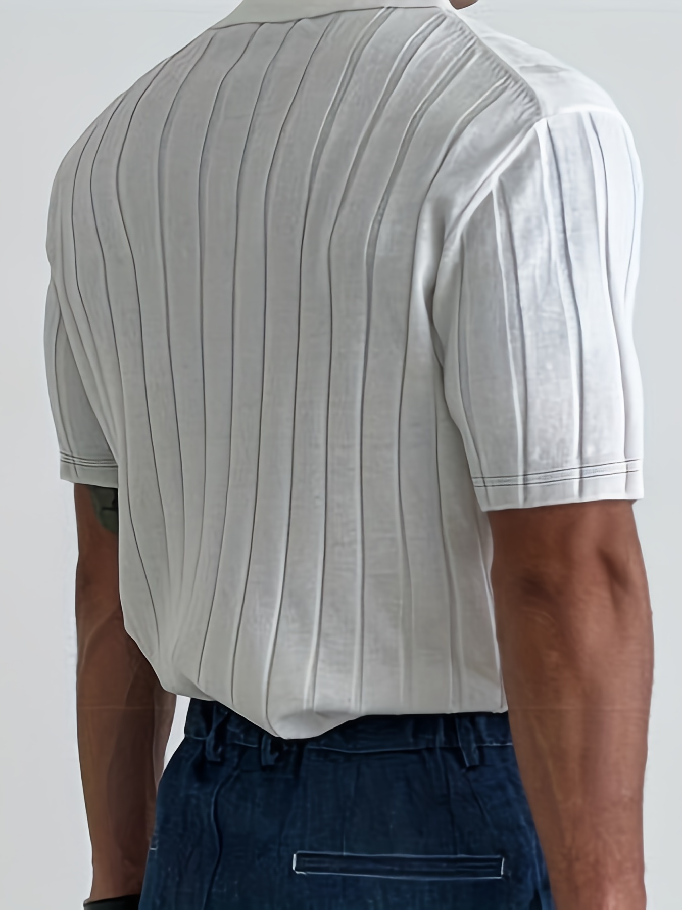 Casual Knitted Men's Ribbed Short Sleeve Comfy Zipper Lapel Shirt For Summer Outdoor