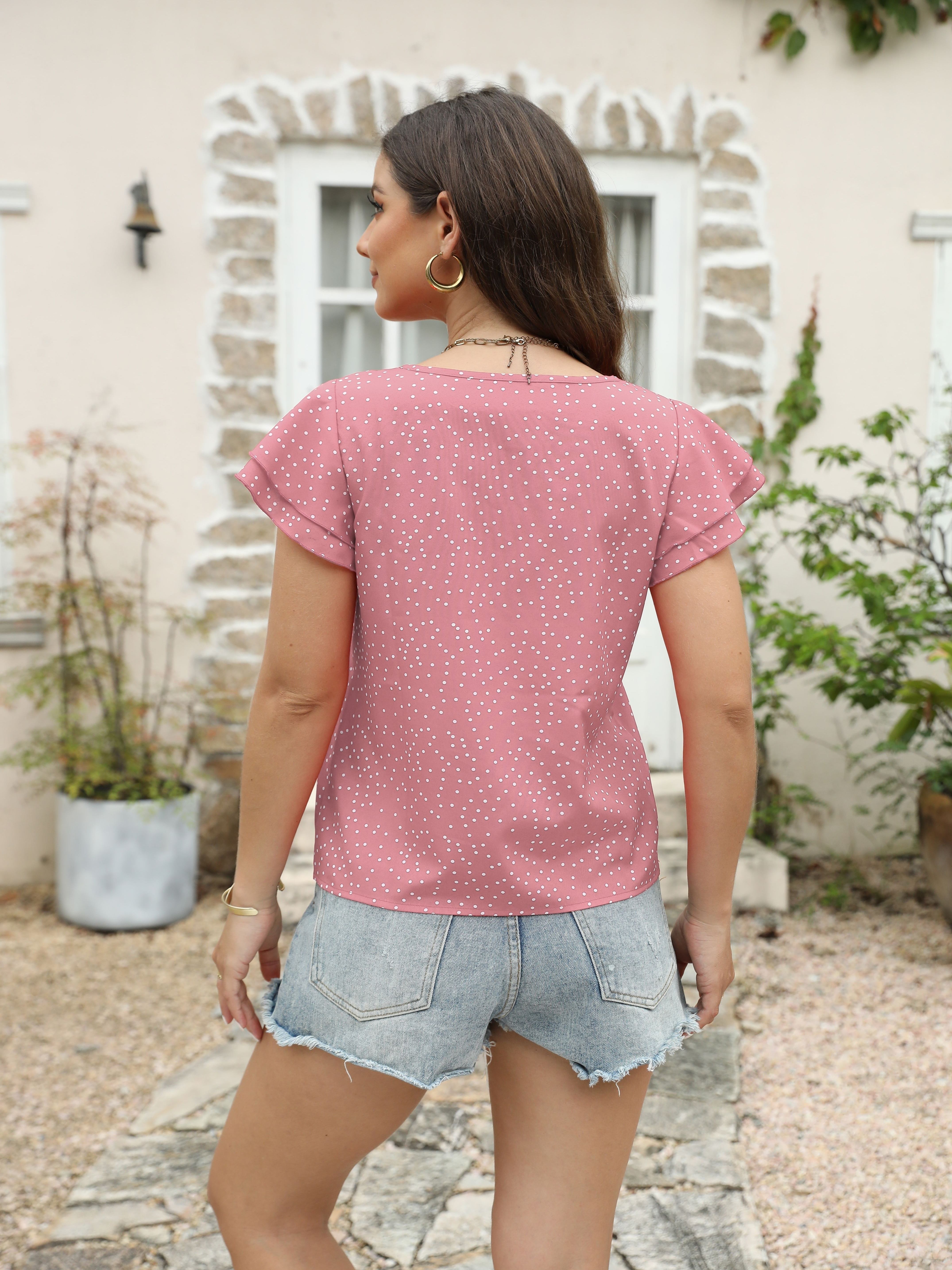 polka dot ruffle layered hem blouse crew neck casual blouse for spring summer womens clothing details 10