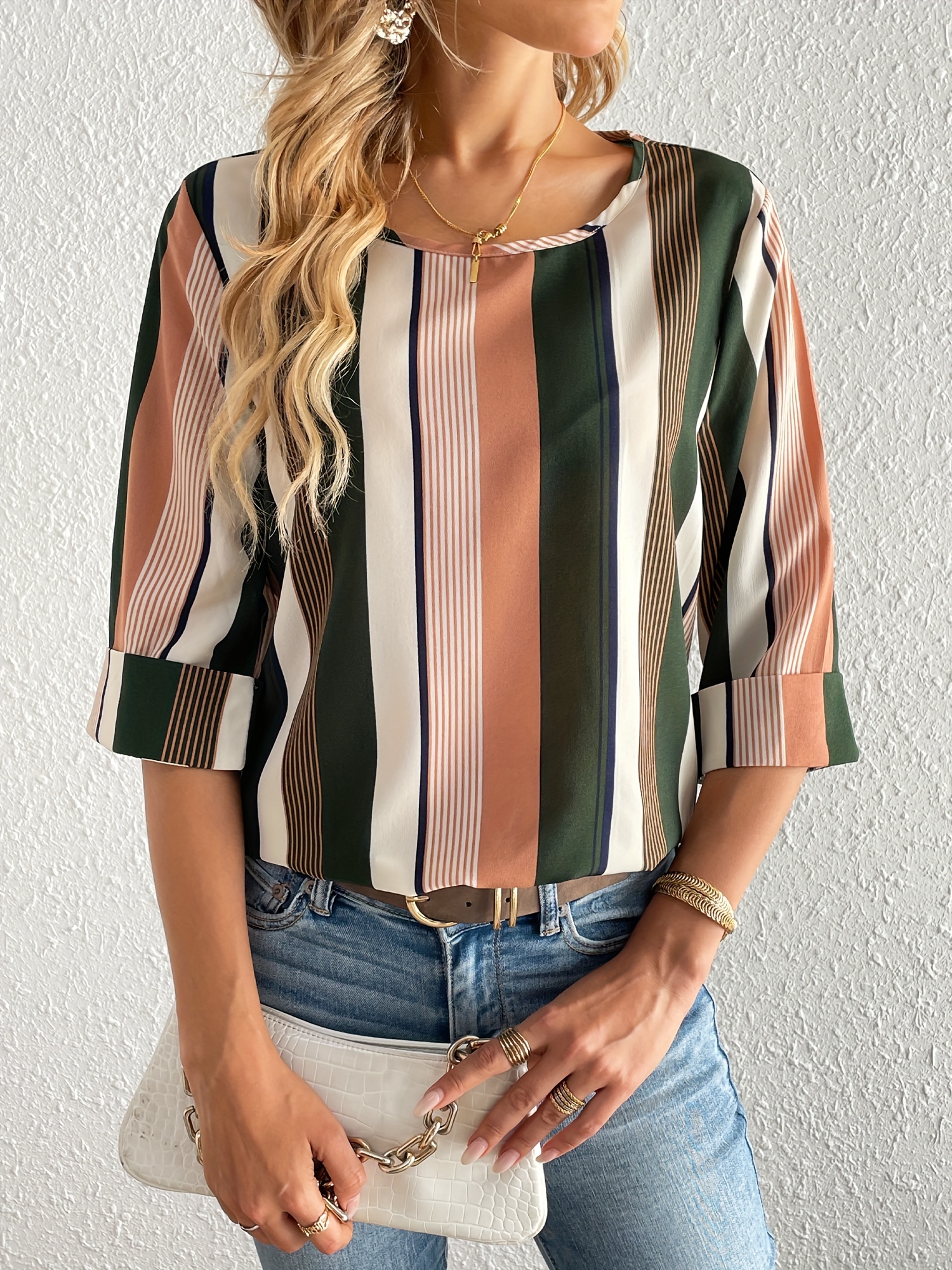 striped print 3 4 sleeve blouse casual crew neck versatile blouse womens clothing details 2