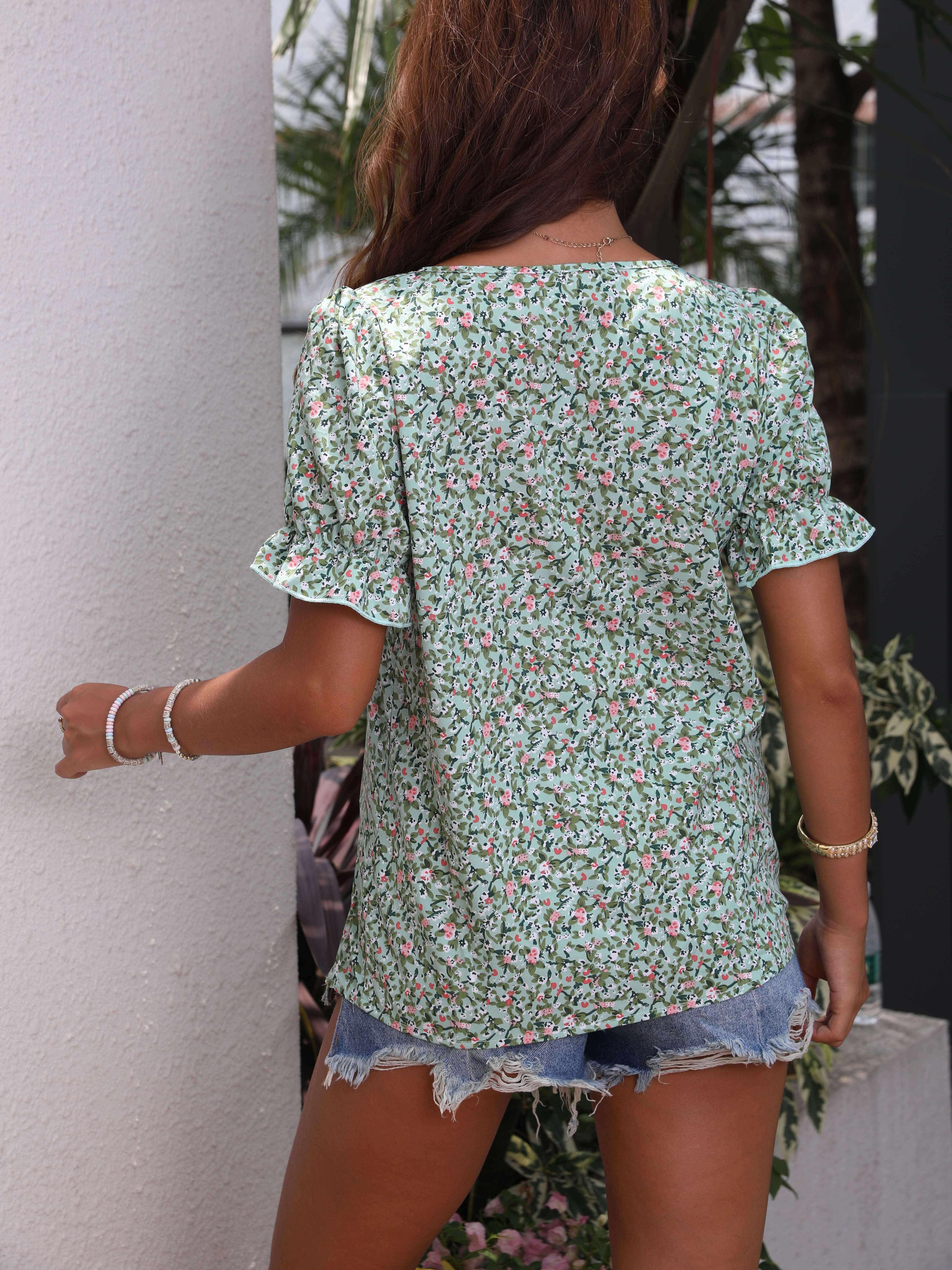 floral print puff sleeve blouse casual squared neck summer blouse womens clothing details 1