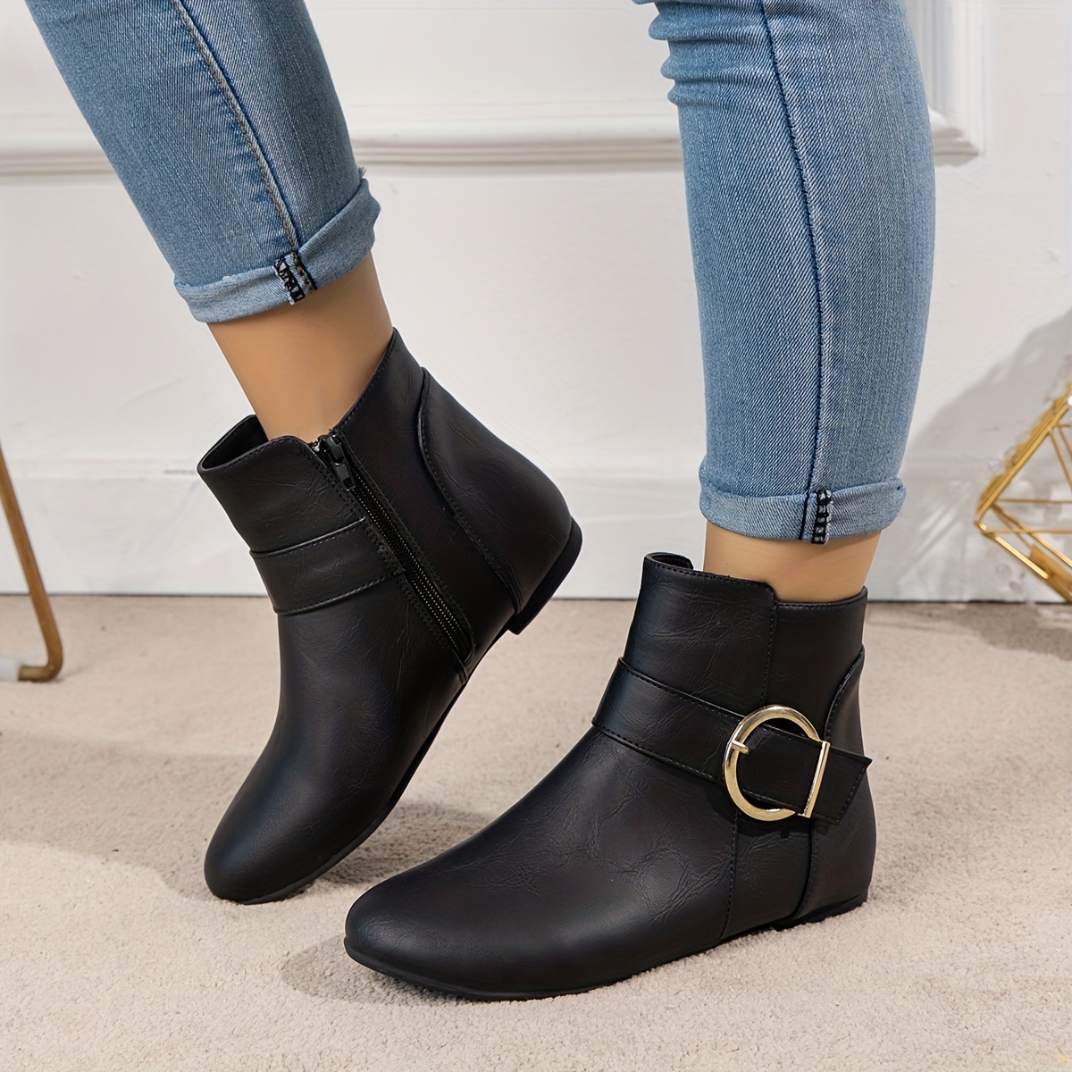 womens buckle strap detailed flat boots casual side zipper short boots comfortable faux leather boots details 4
