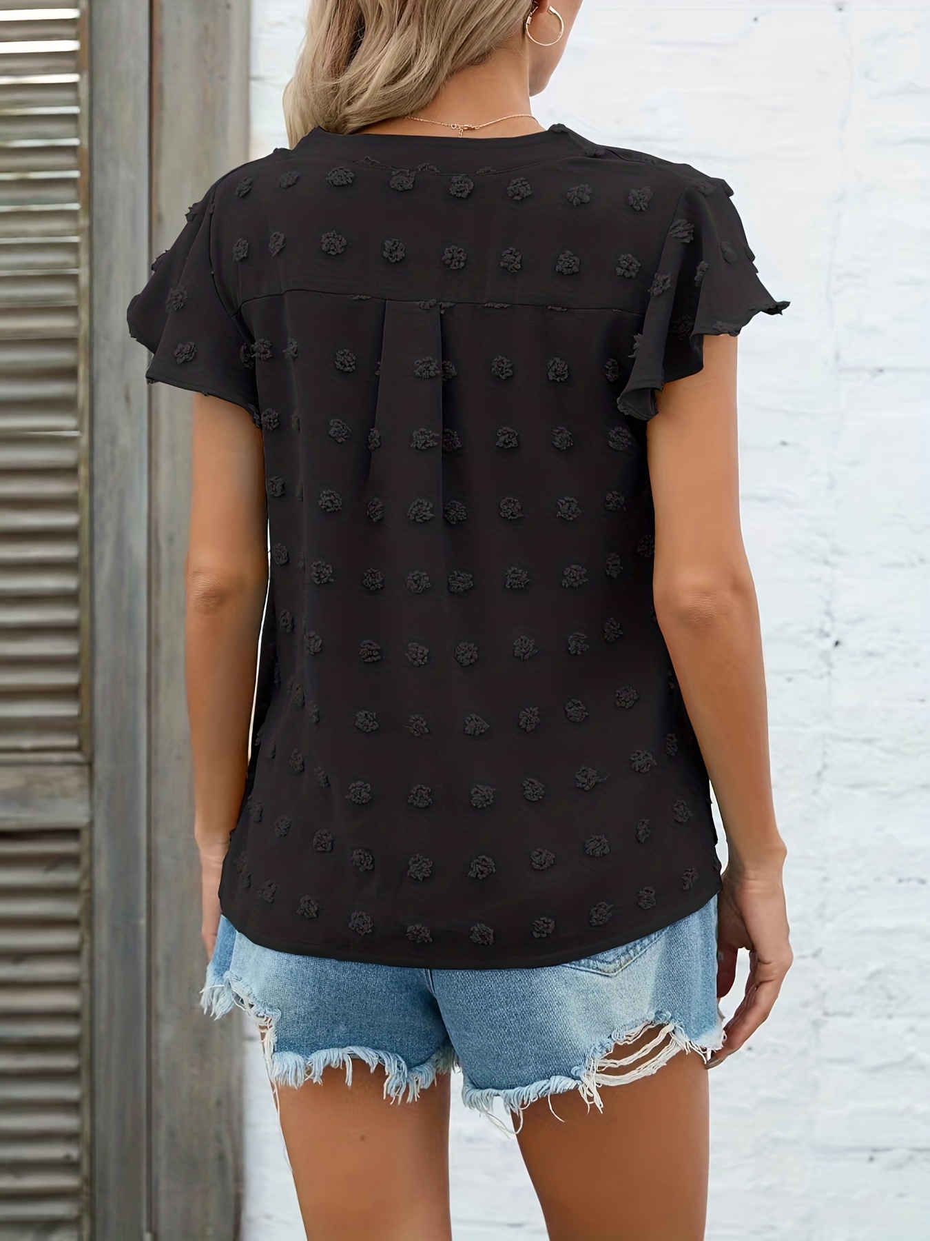 swiss dot v neck blouse casual ruffle sleeve blouse for spring summer womens clothing details 16