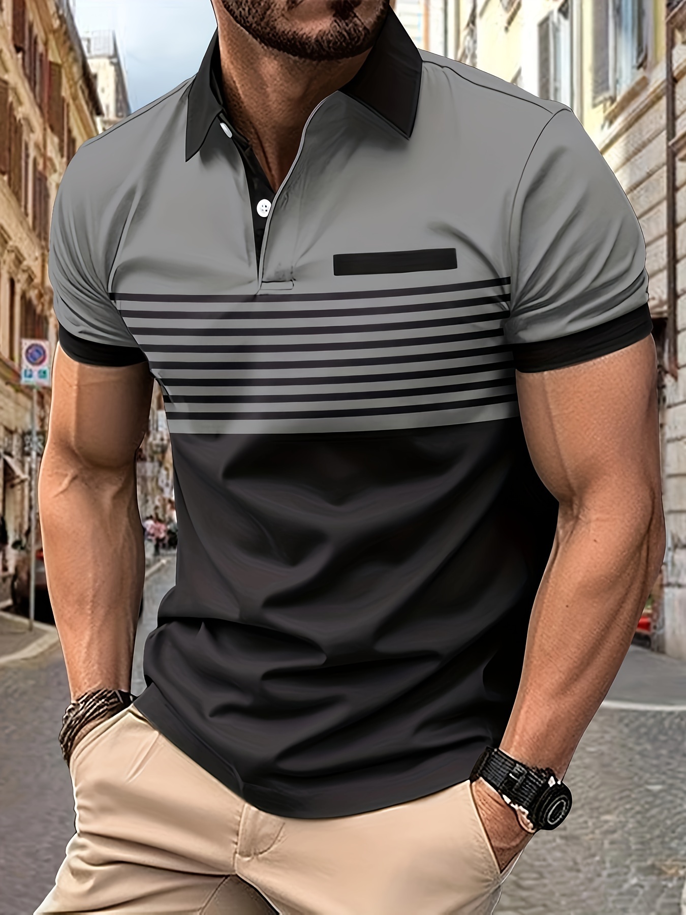 lapel shirt, striped mens casual color block short sleeve lapel shirt with chest pocket for summer golf details 16