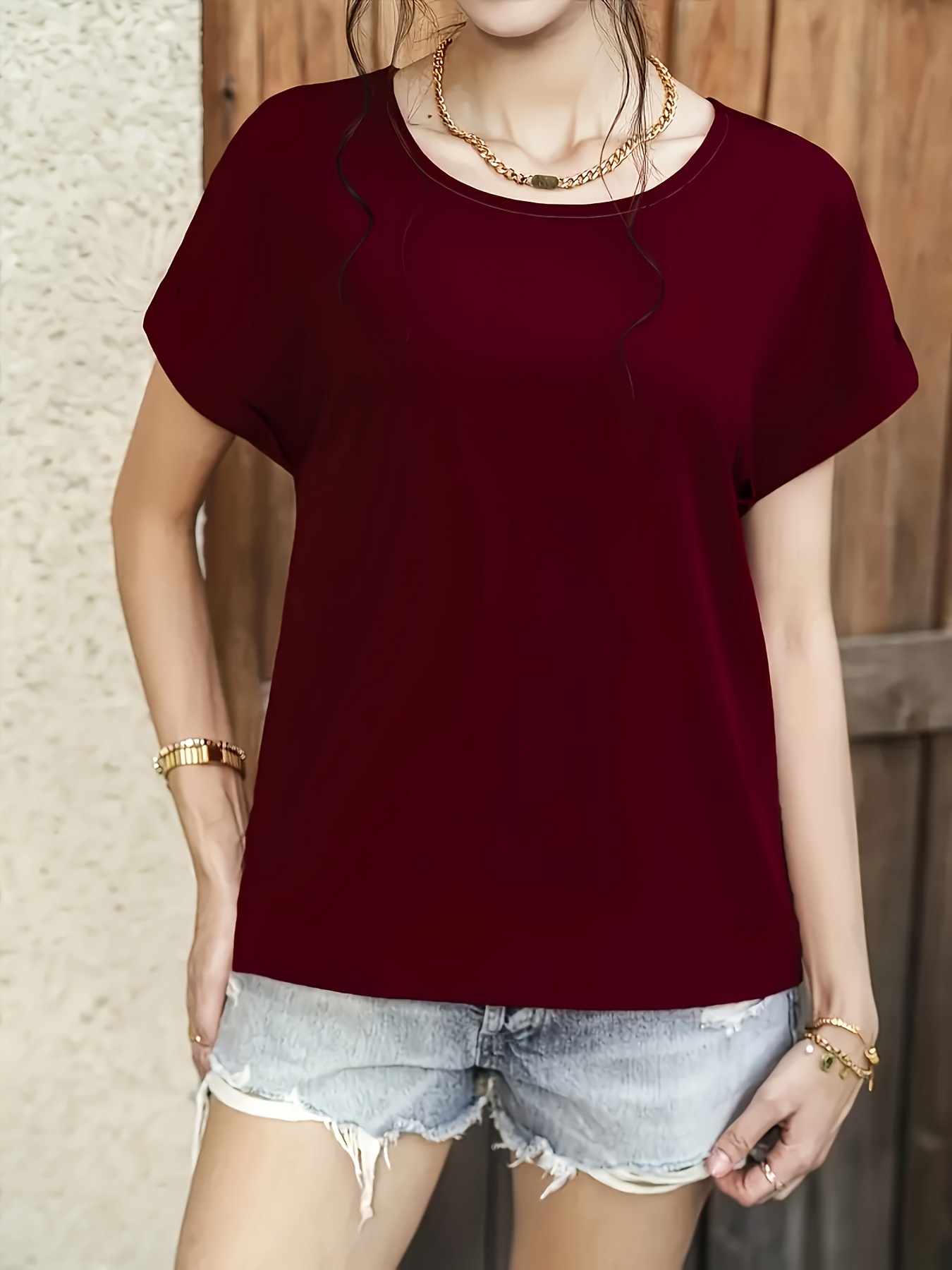 simple rolled short sleeve blouse casual crew neck solid blouse womens clothing details 24