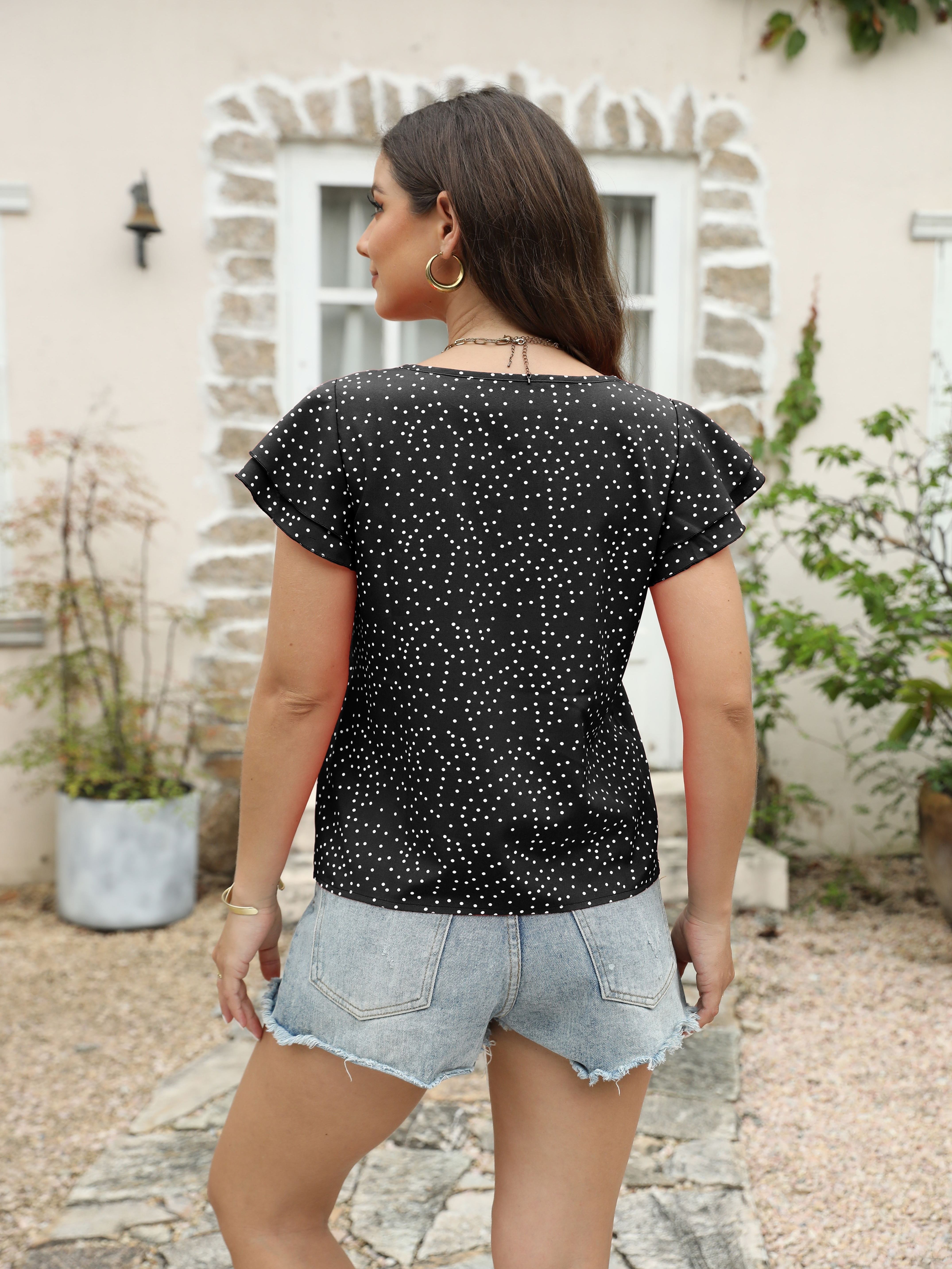 polka dot ruffle layered hem blouse crew neck casual blouse for spring summer womens clothing details 13