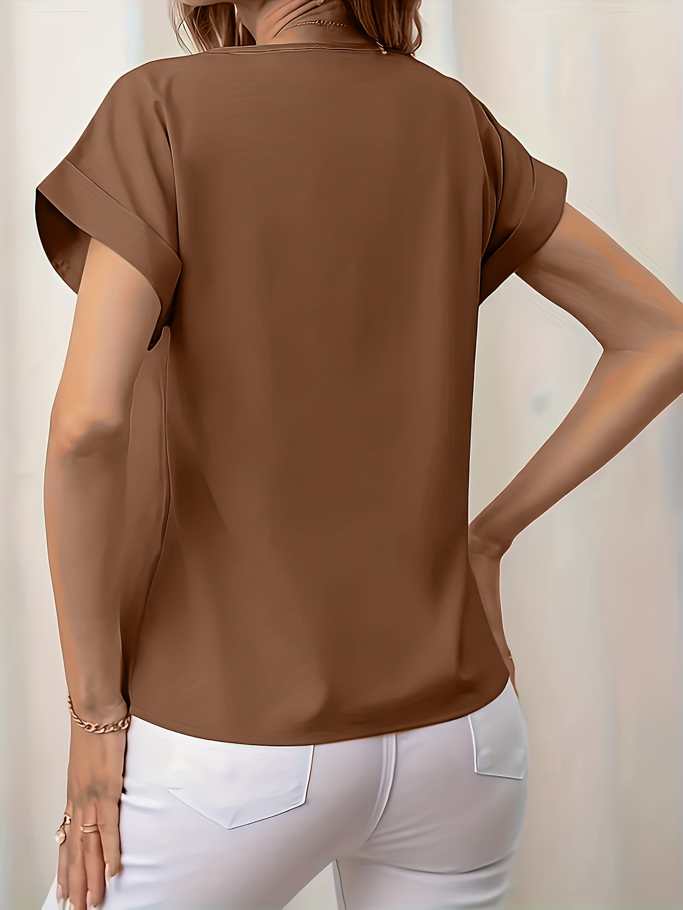 simple rolled short sleeve blouse casual crew neck solid blouse womens clothing details 6