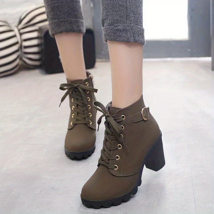 womens block heeled short boots casual lace up side zipper boots comfortable ankle boots details 4