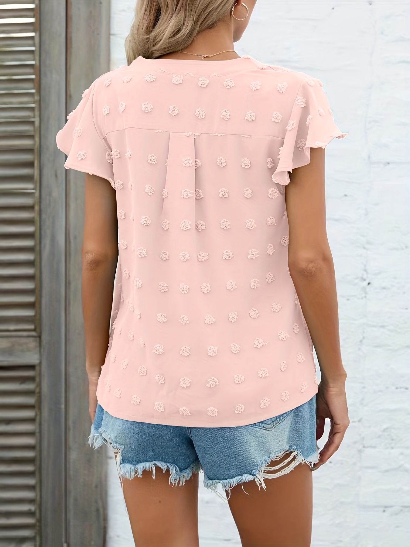 swiss dot v neck blouse casual ruffle sleeve blouse for spring summer womens clothing details 31