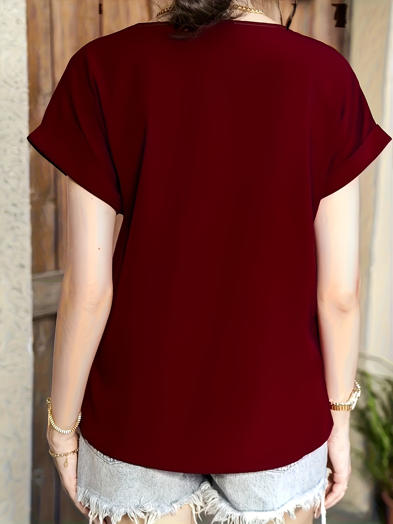 simple rolled short sleeve blouse casual crew neck solid blouse womens clothing details 21