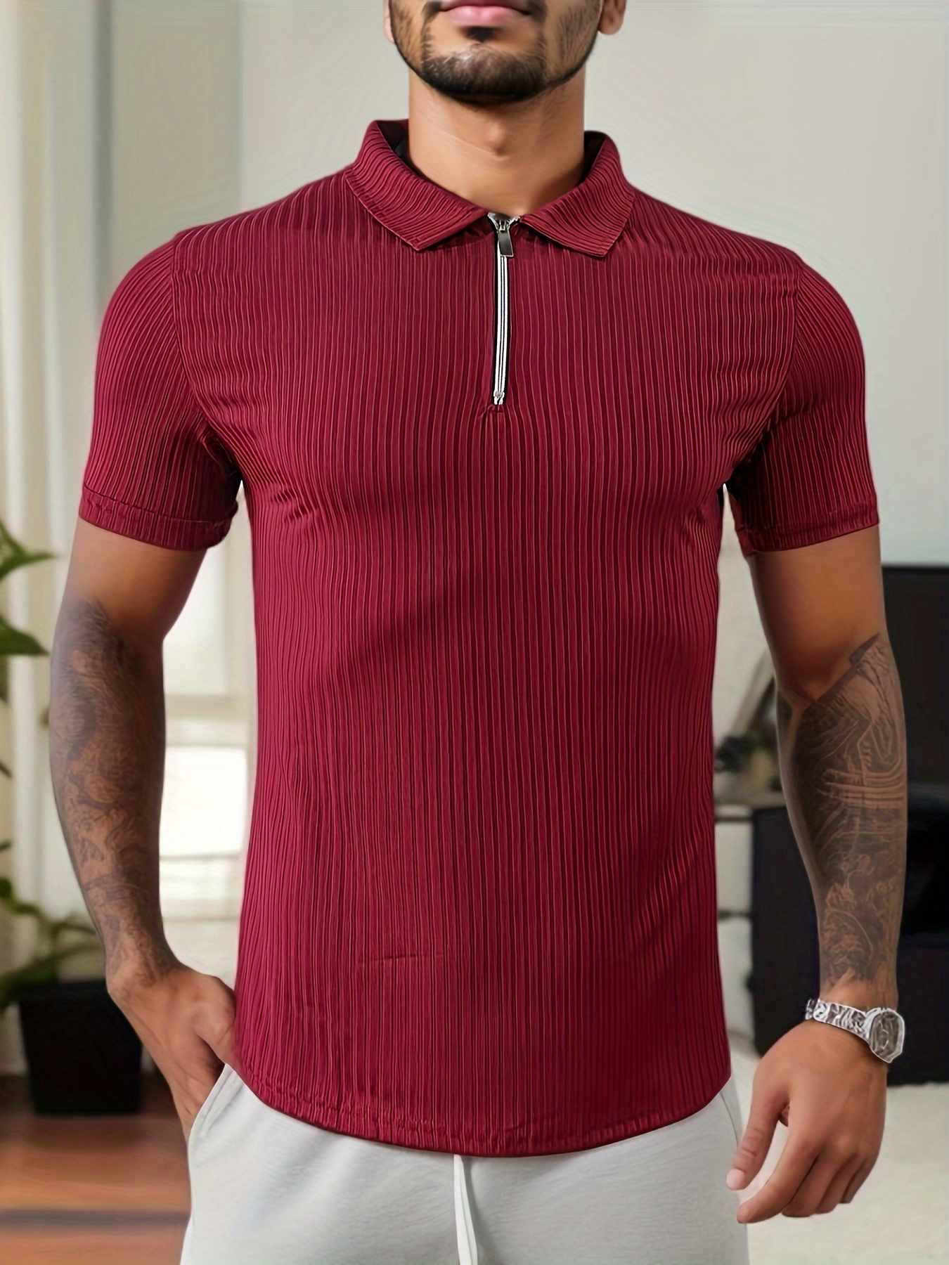 breathable regular fit ribbed golf shirt mens casual v neck t shirt short sleeve for summer mens clothing details 4