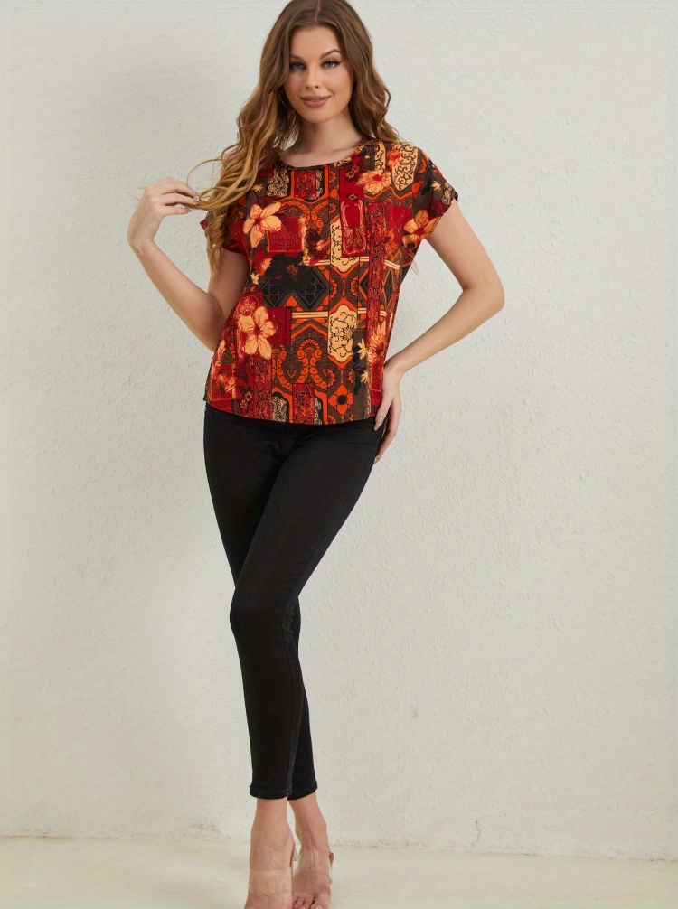 floral print blouse casual crew neck short sleeve ethnic blouse womens clothing details 4