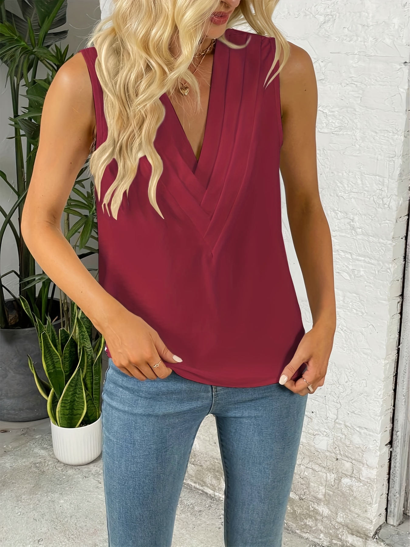 ruched v neck blouse casual sleeveless solid versatile blouse womens clothing details 13