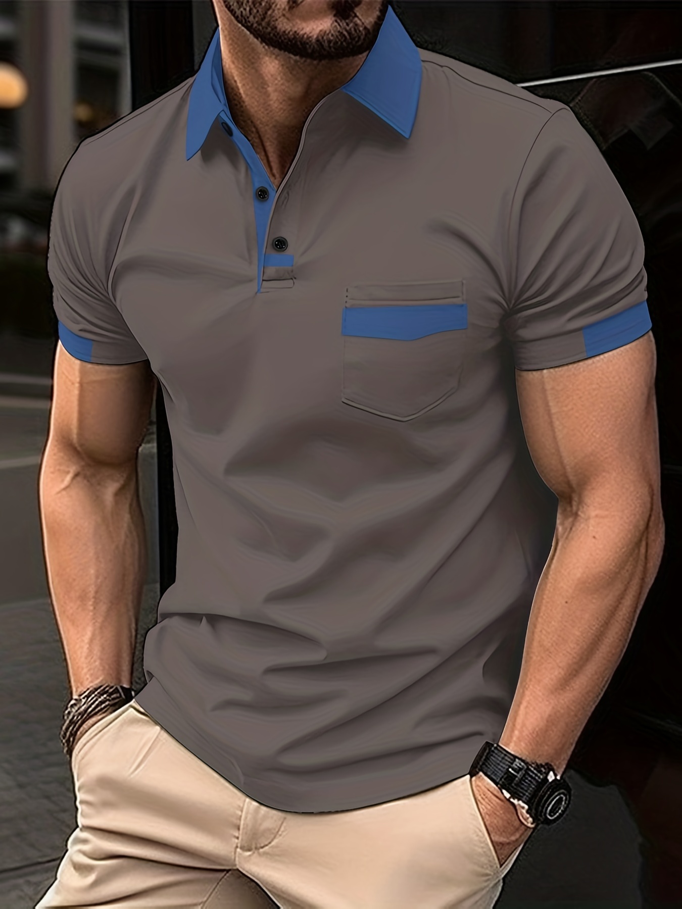 breathable regular fit contrast color design golf shirt mens casual v neck t shirt short sleeve for summer mens clothing details 39