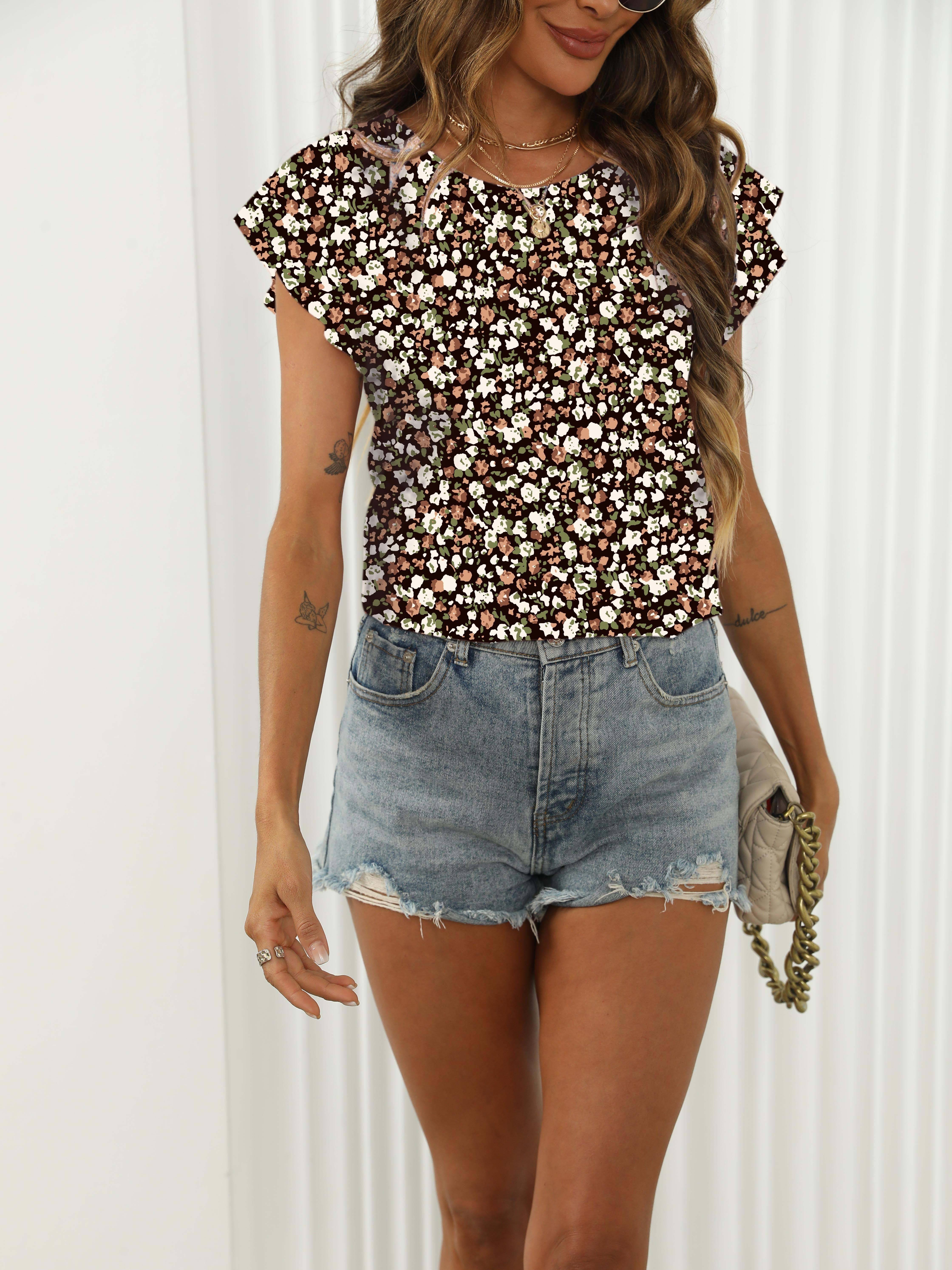 ditsy floral print blouse elegant crew neck ruffle sleeve blouse womens clothing details 0