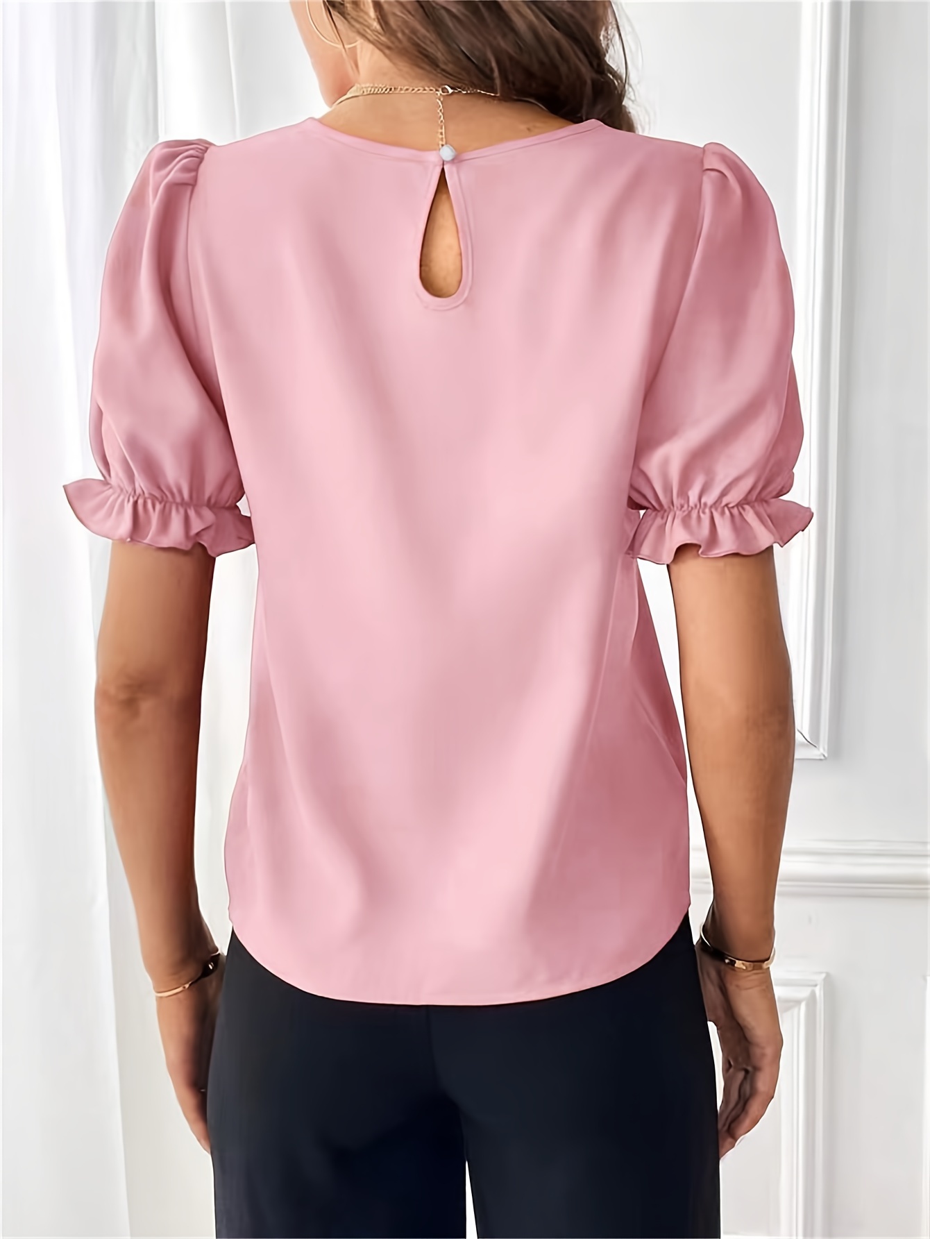 solid crew neck blouse elegant puf sleeve top for spring summer womens clothing details 31