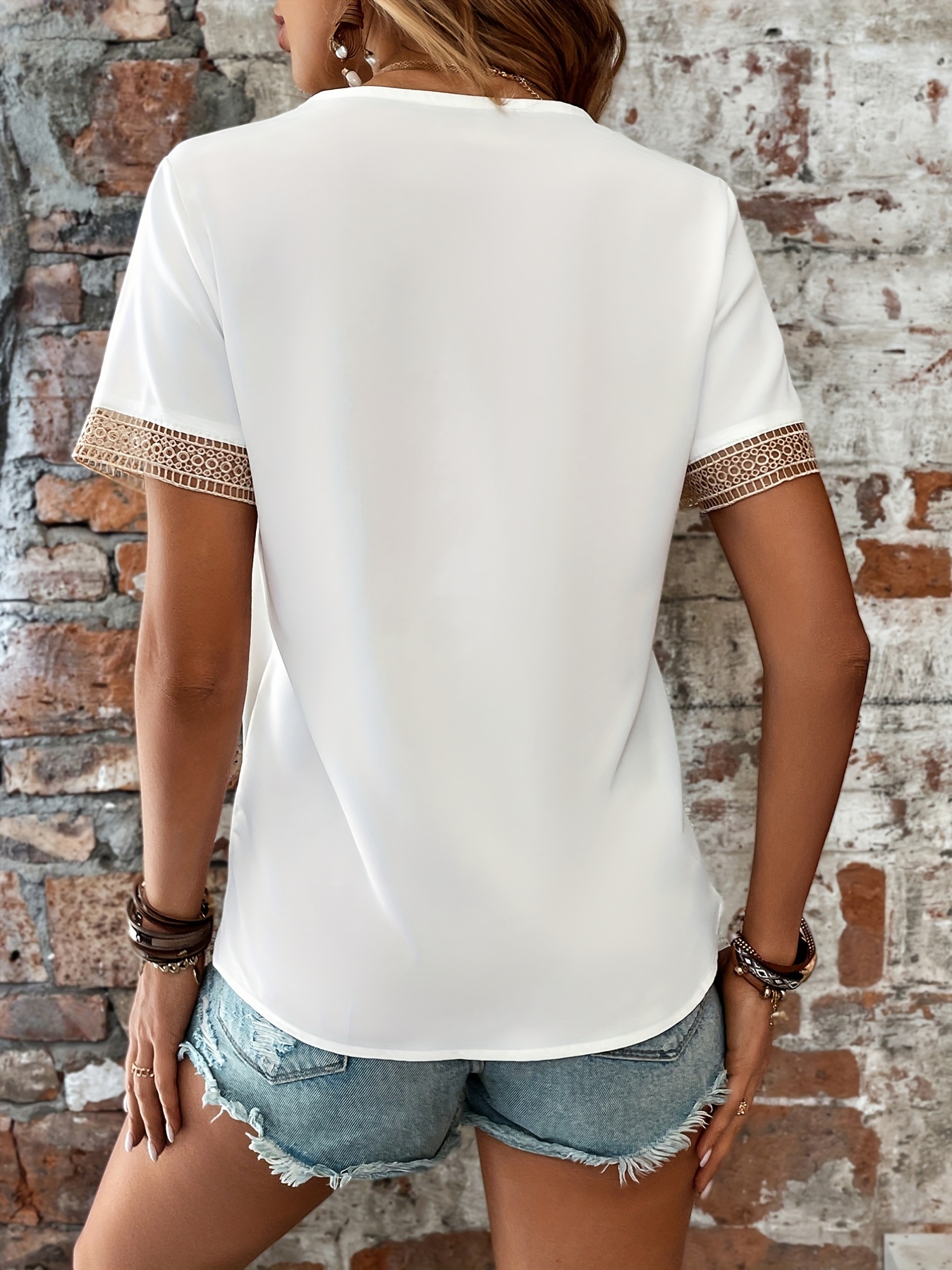 lace stitching deep v neck blouses casual loose short sleeve fashion shirts tops womens clothing details 13