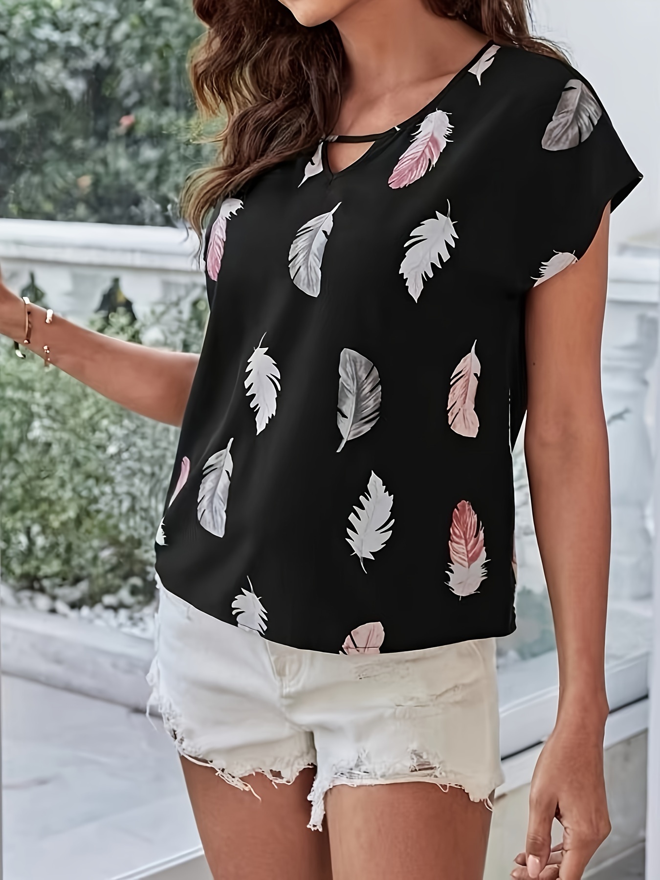 feather print crew neck blouse casual short sleeve blouse for spring summer womens clothing details 2