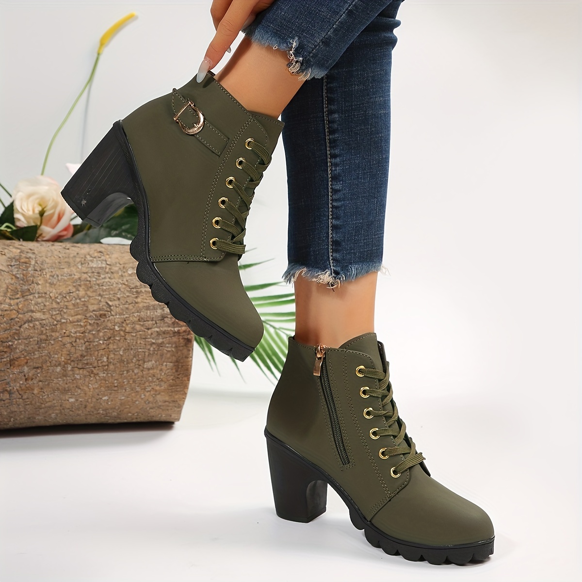 womens solid color block heeled boots elegant lace up short boots stylish side zipper ankle boots details 9