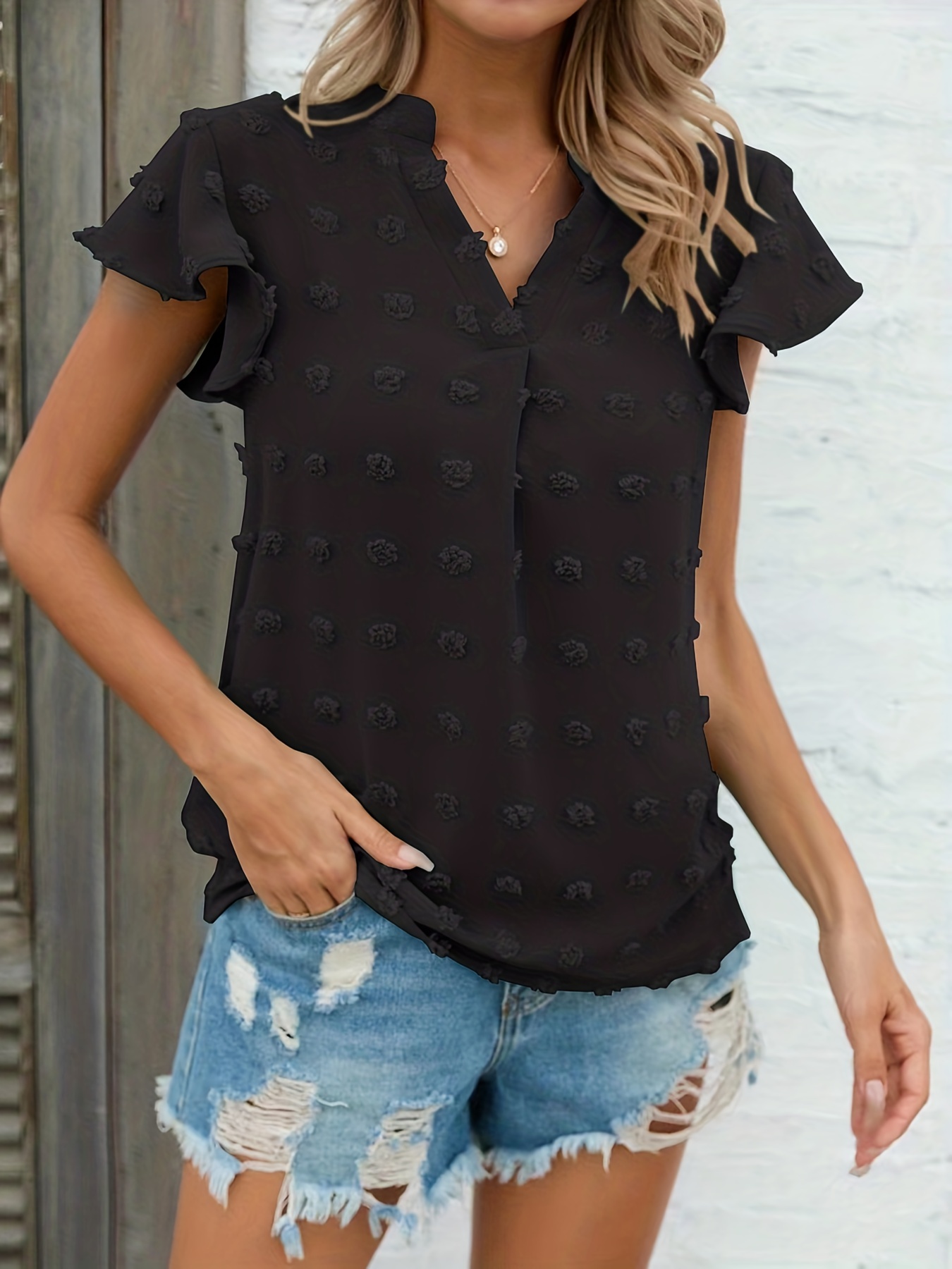 swiss dot v neck blouse casual ruffle sleeve blouse for spring summer womens clothing details 18