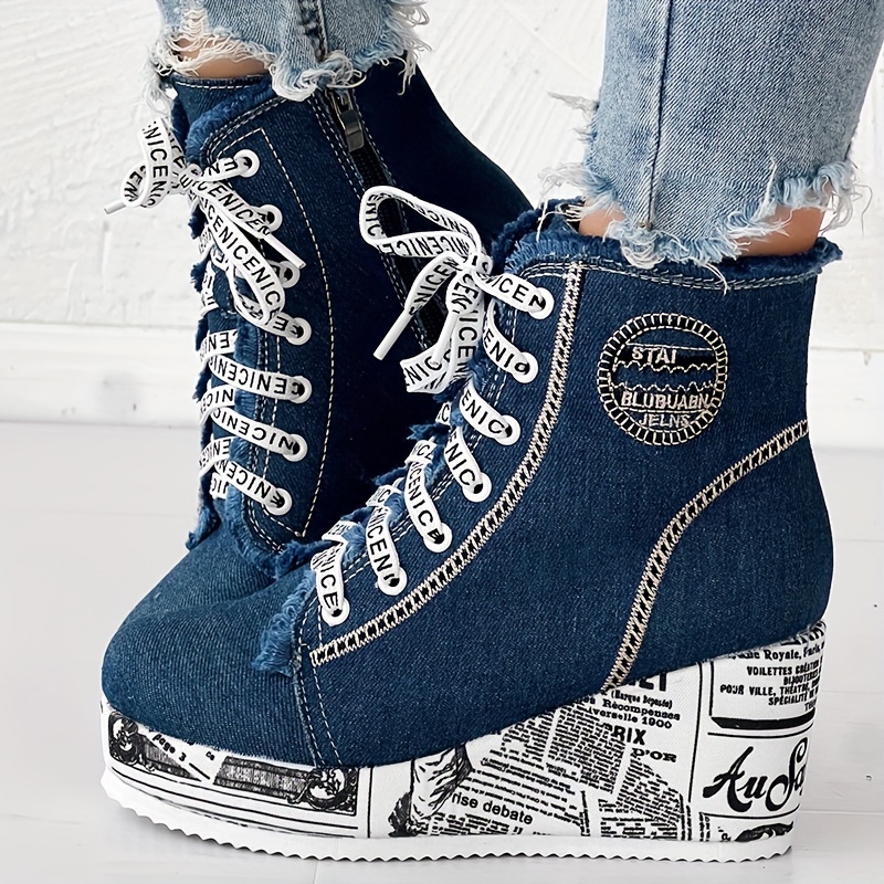 womens solid color denim boots lace up trendy platform comfy shoes versatile round toe wedge shoes details 8