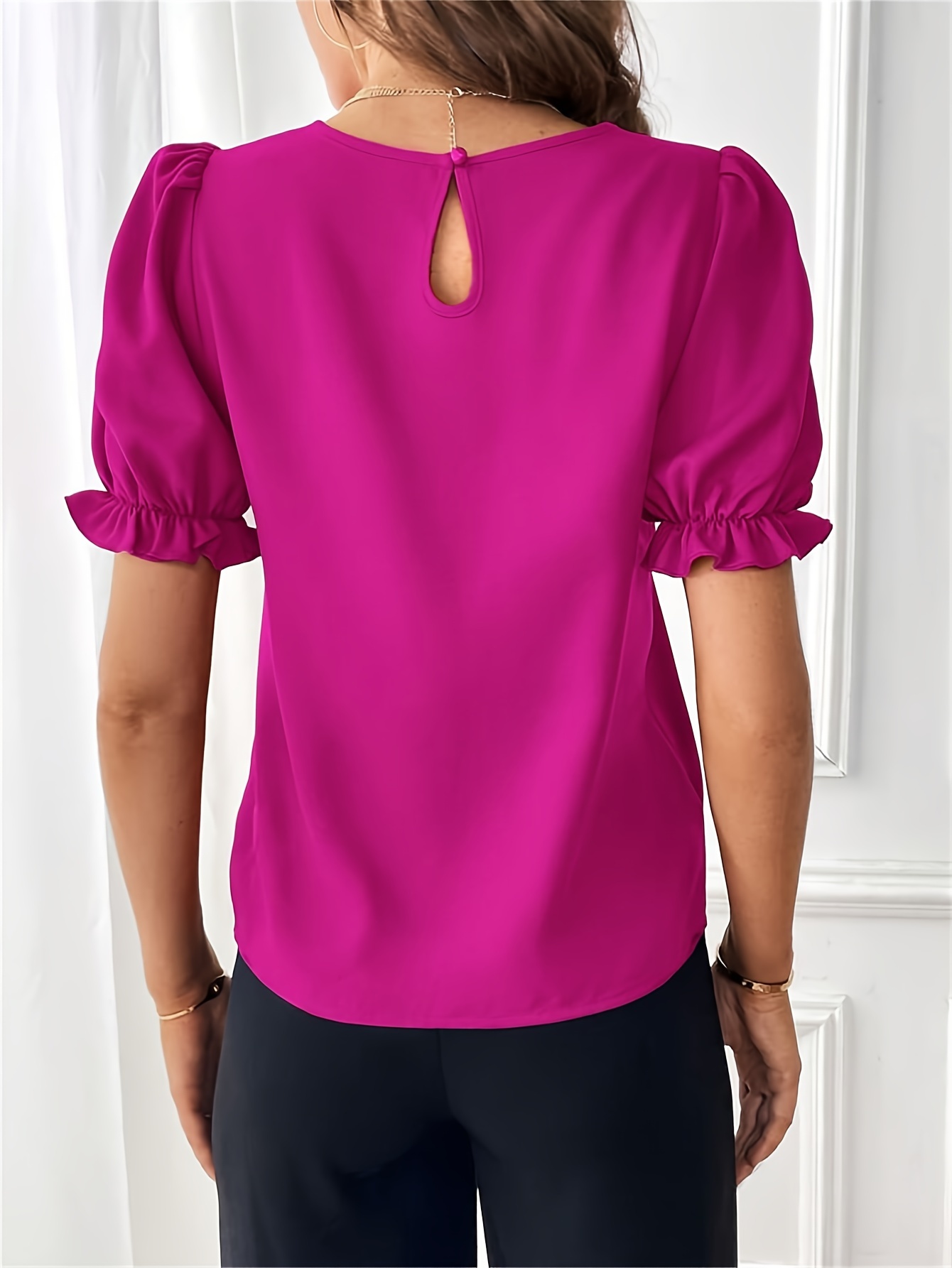 solid crew neck blouse elegant puf sleeve top for spring summer womens clothing details 21