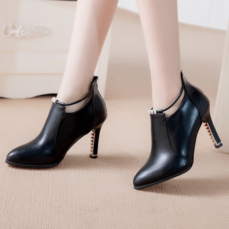 womens pointed toe stiletto heeled short boots stylish heel zipper boots womens footwear details 3