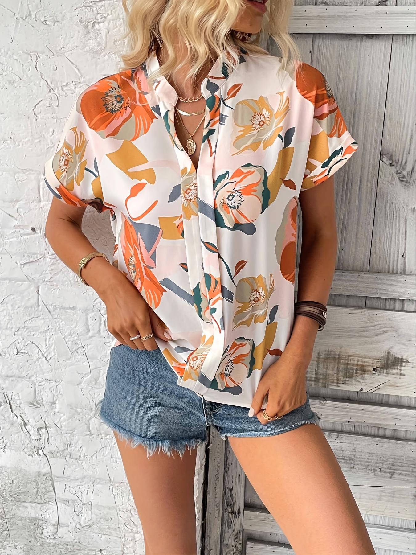 floral print v neck blouse casual batwing sleeve blouse for spring summer womens clothing details 0