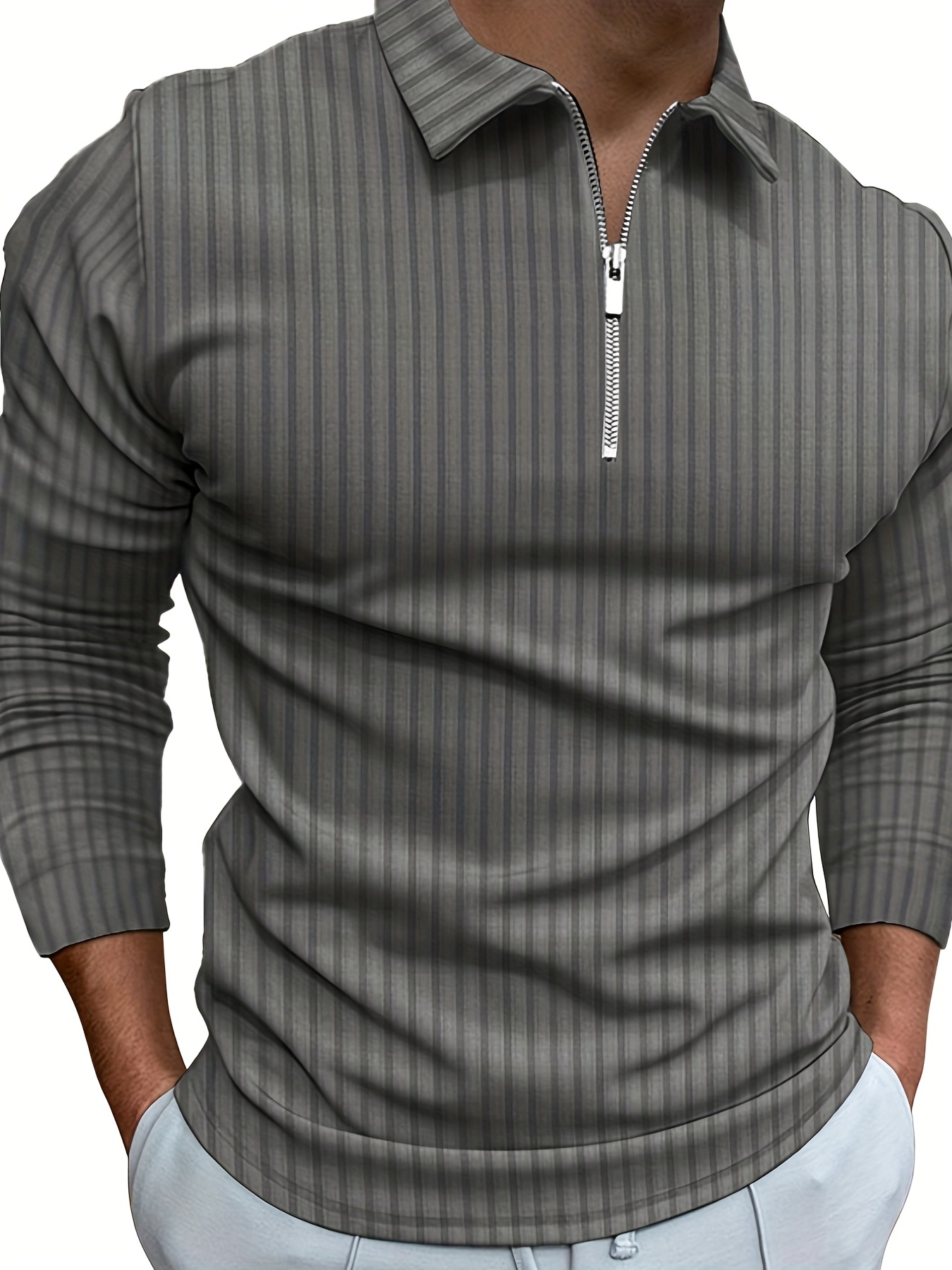 casual comfy mens long sleeve zipper lapel golf shirt male spring fall clothing details 0