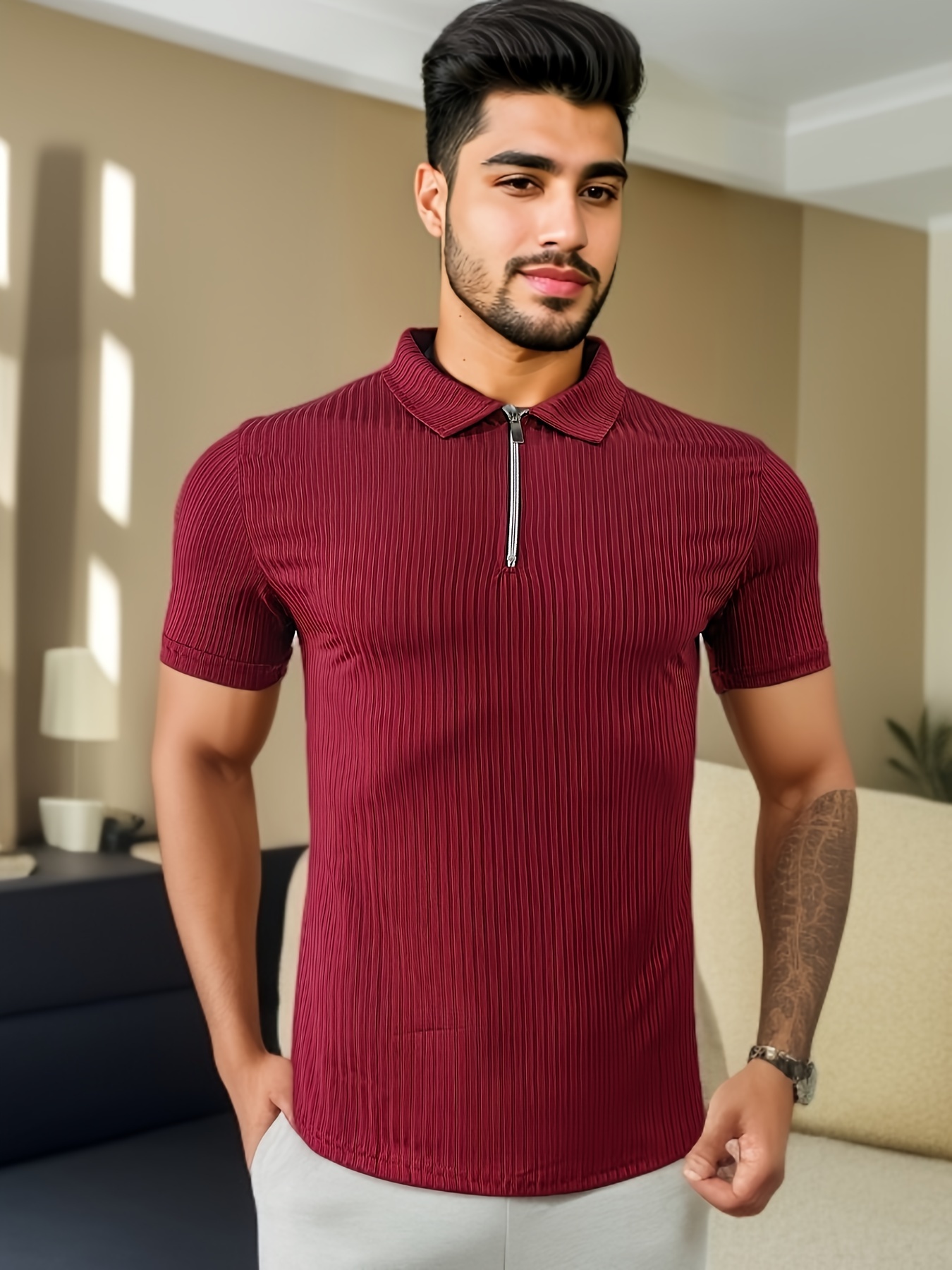 breathable regular fit ribbed golf shirt mens casual v neck t shirt short sleeve for summer mens clothing details 3