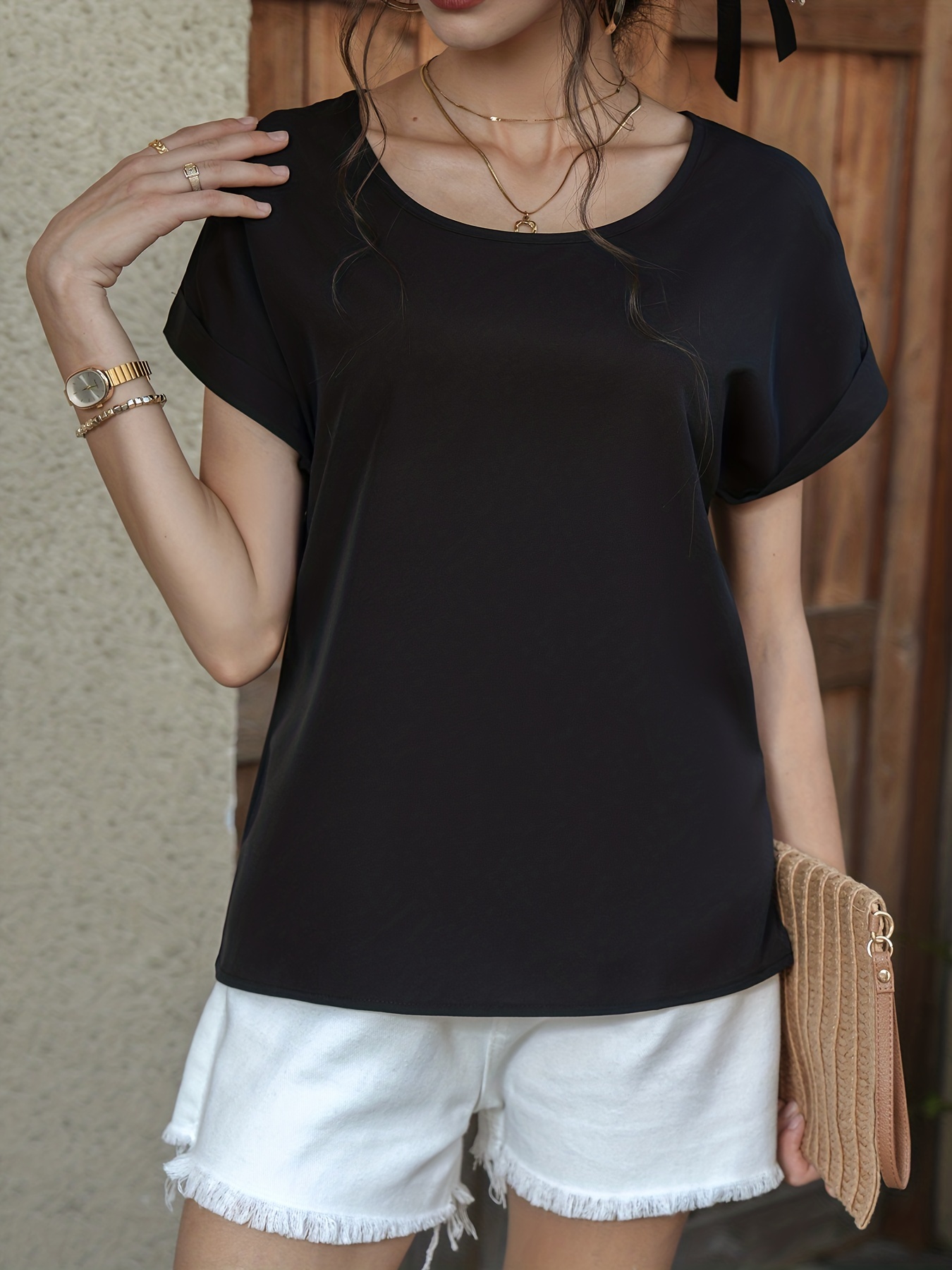 solid crew neck t shirt casual short sleeve t shirt for spring summer womens clothing details 5