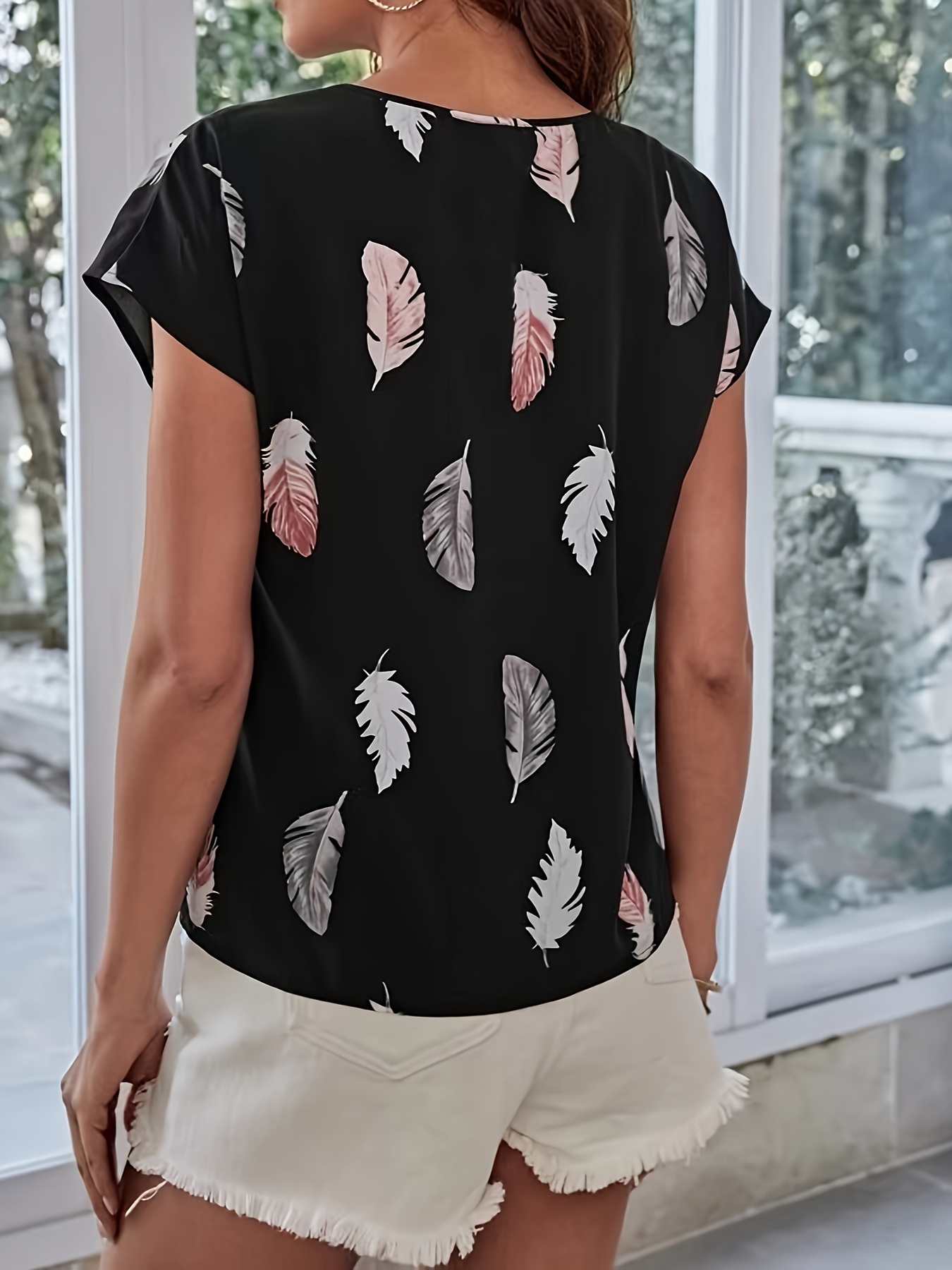 feather print crew neck blouse casual short sleeve blouse for spring summer womens clothing details 0